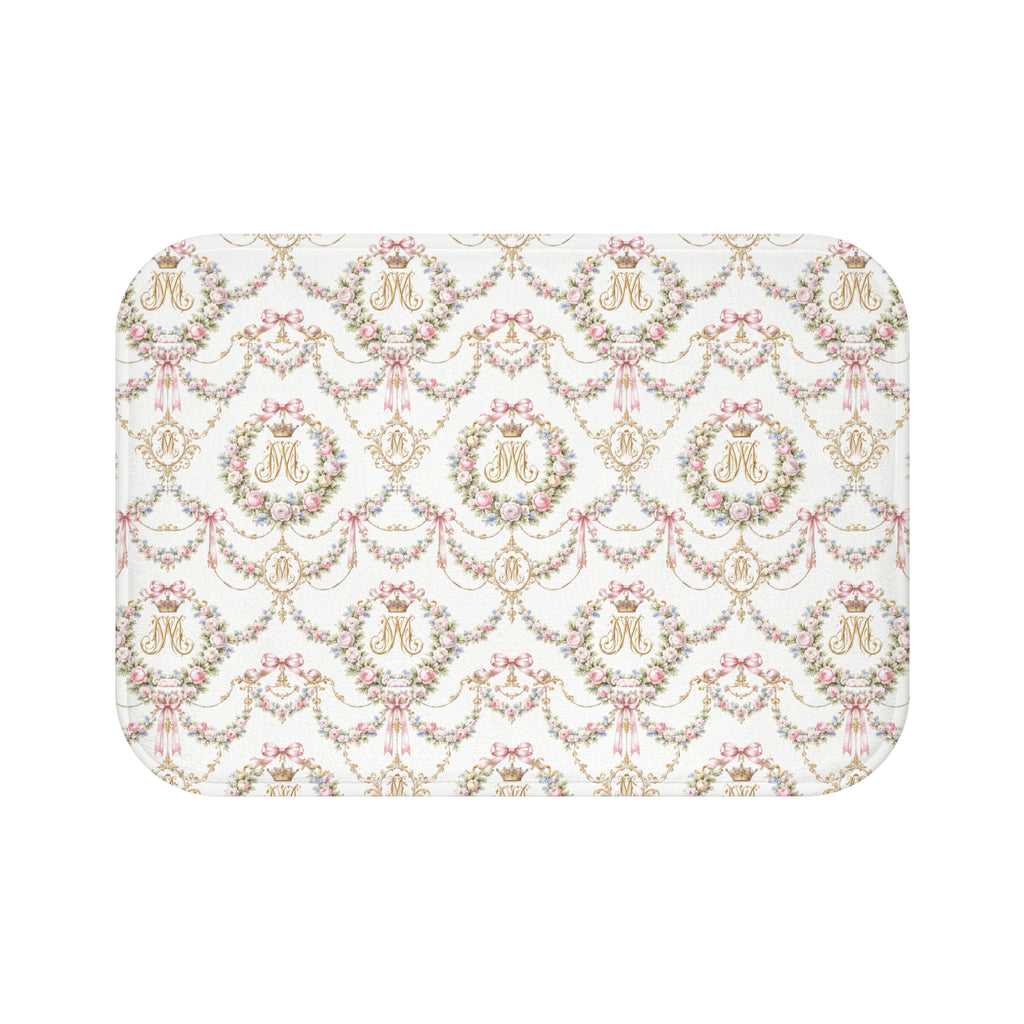 Marie Antoinette Monogram Floral Bath Mat — Monogrammed Rose Wreath Pattern, memory foam