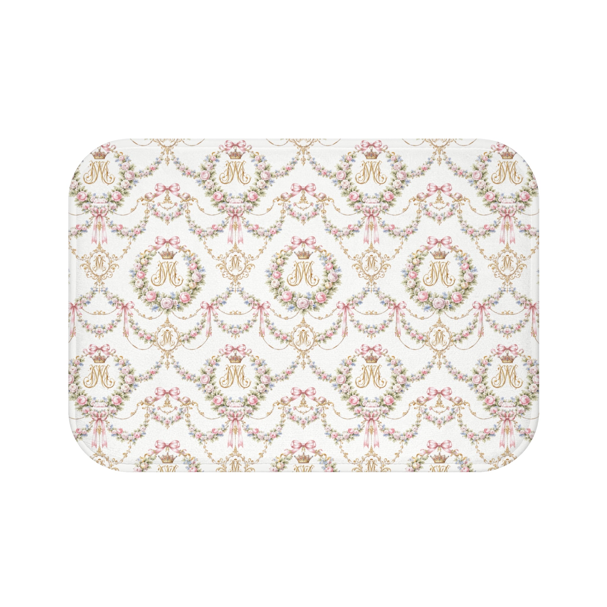 Marie Antoinette Monogram Floral Bath Mat — Monogrammed Rose Wreath Pattern, memory foam