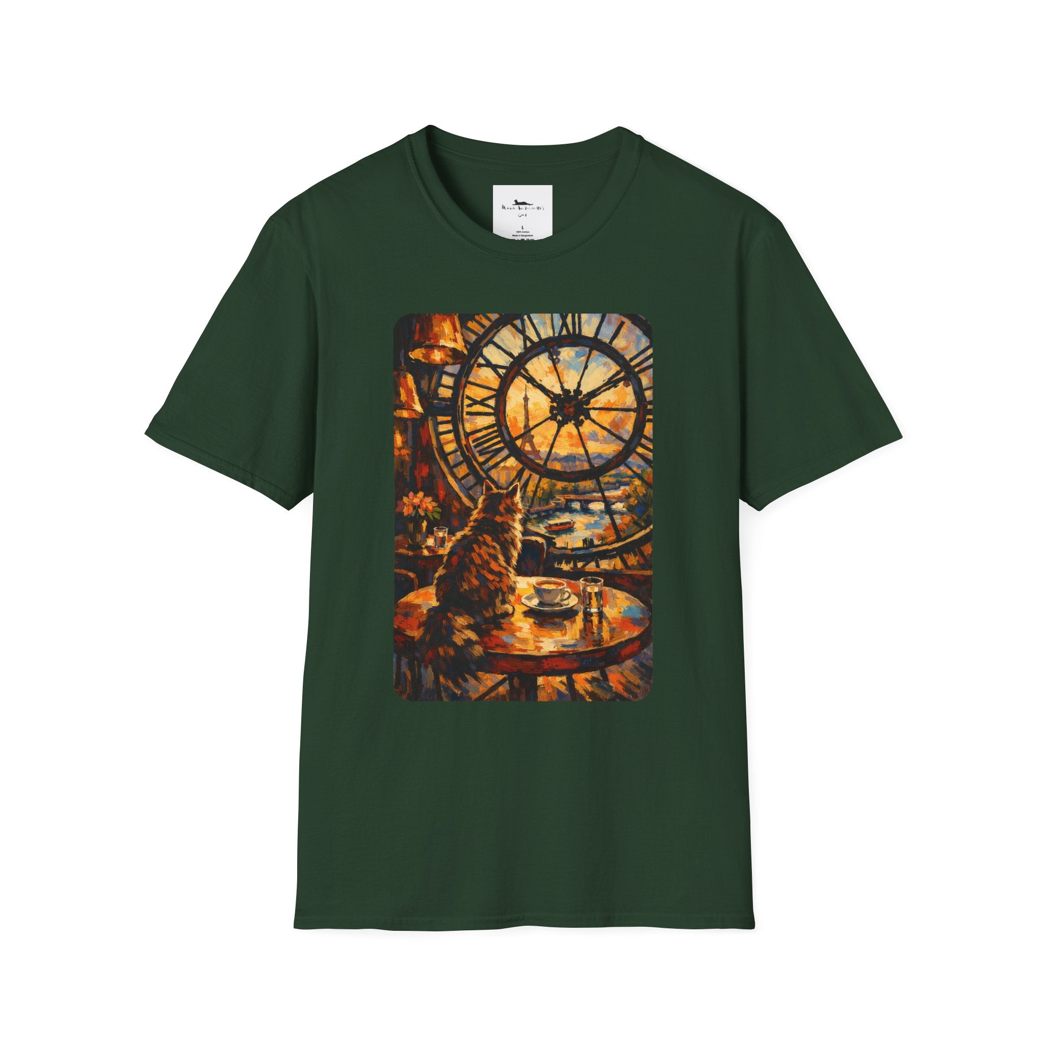 Paris D'Orsay Cafe Cat Illustration T-Shirt | Musée D'Orsay Scene Green