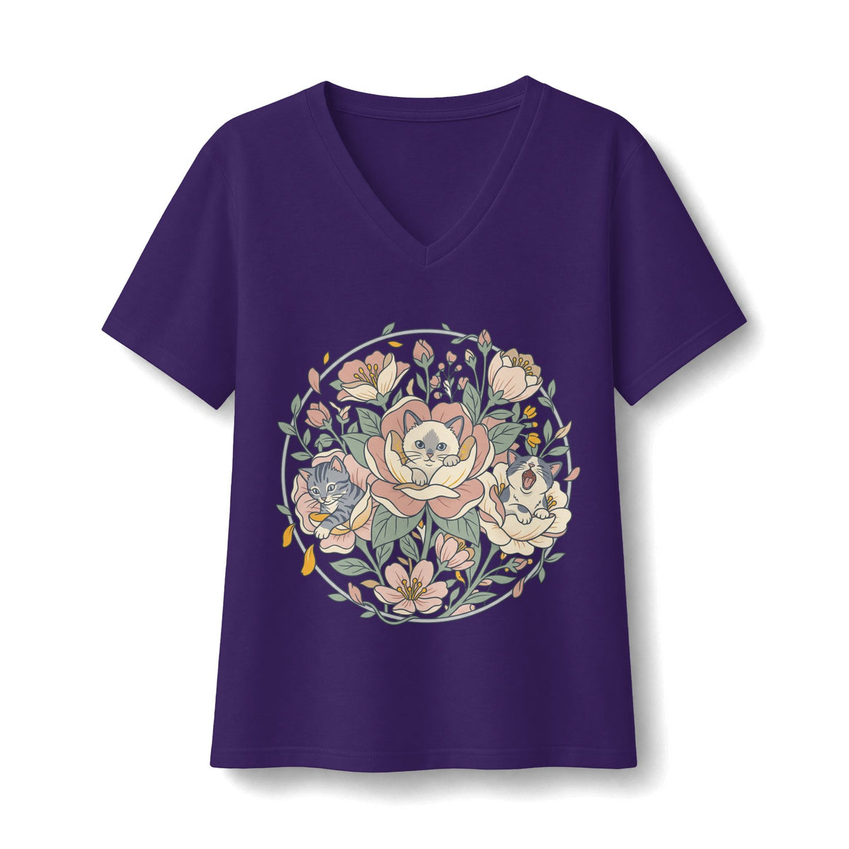 Floral Cat Bouquet V-Neck Tee