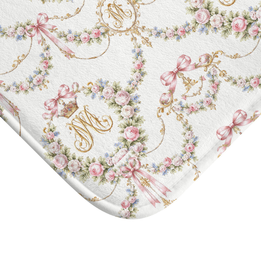 Marie Antoinette Monogram Floral Bath Mat — Monogrammed Rose Wreath Pattern, memory foam