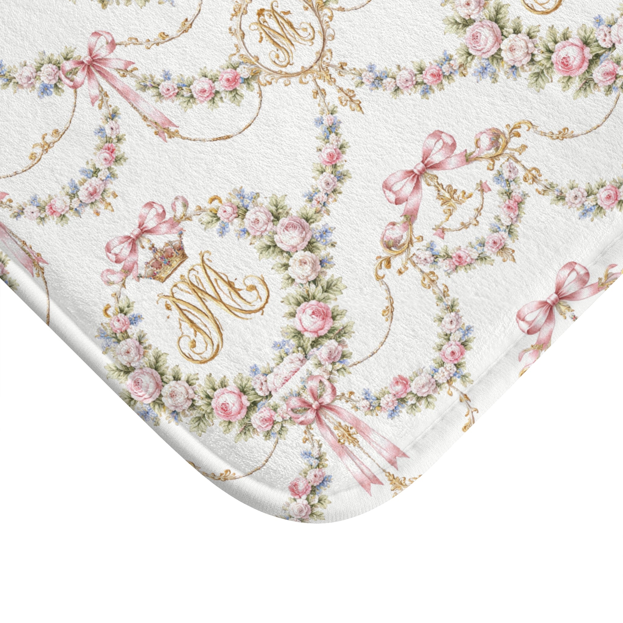Marie Antoinette Monogram Floral Bath Mat — Monogrammed Rose Wreath Pattern, memory foam