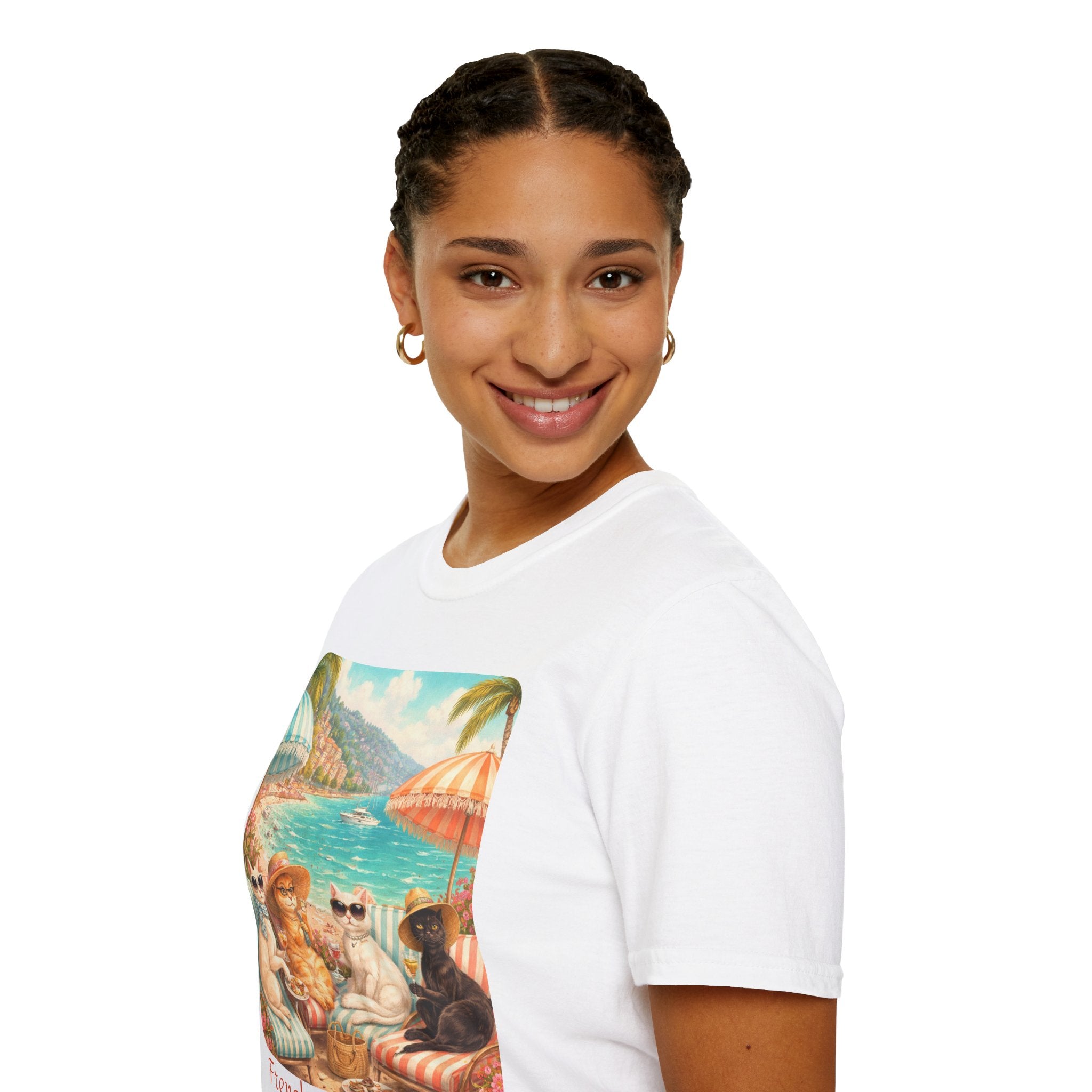 French Riviera Cats Beach Scene T-Shirt | Coastal Vibes Illustration