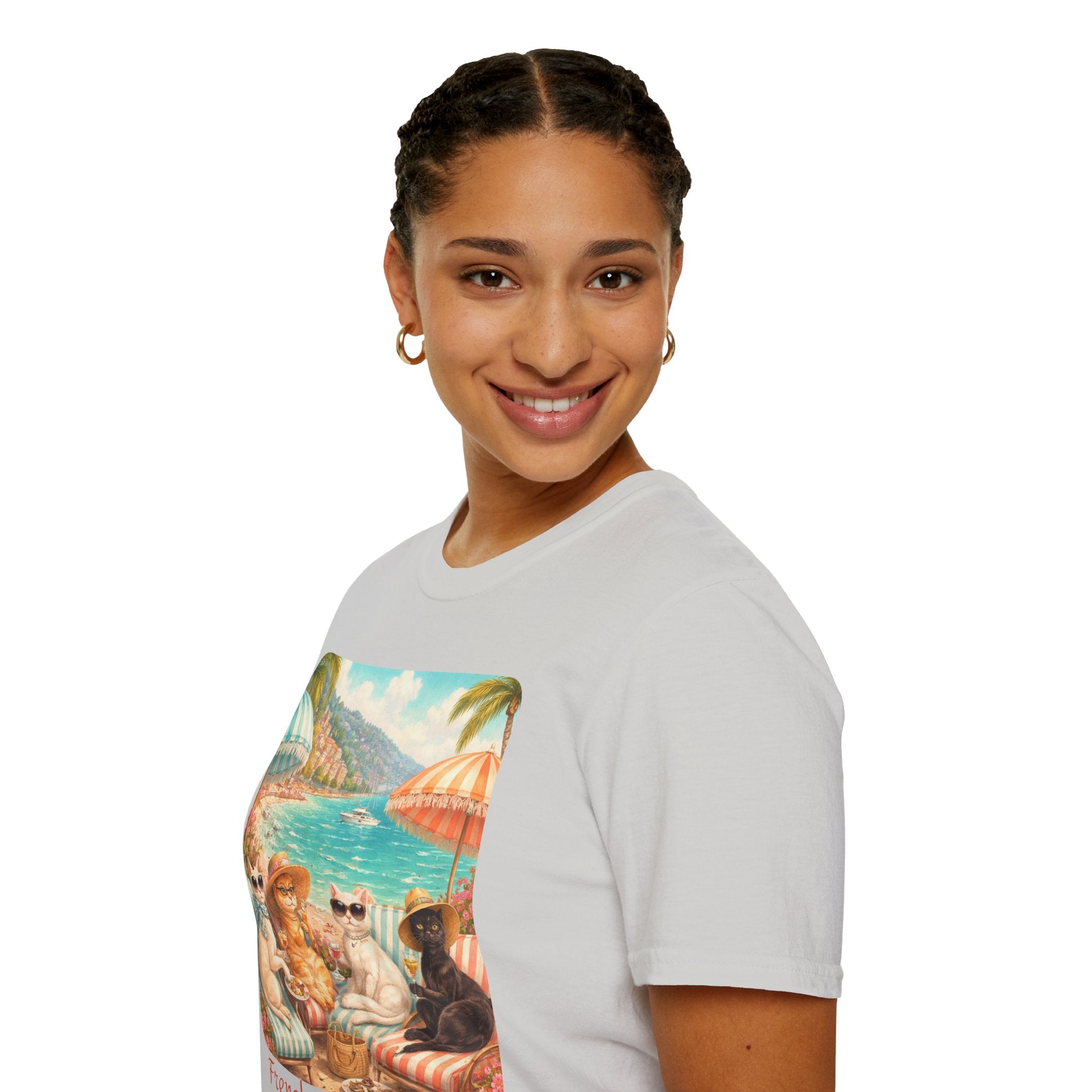 French Riviera Cats Beach Scene T-Shirt | Coastal Vibes Illustration