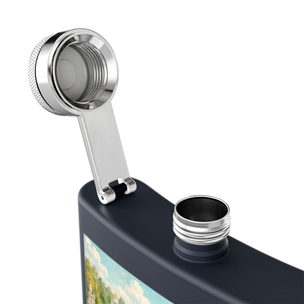 Open lid of navy flask with a cat tea party scene at Versailles