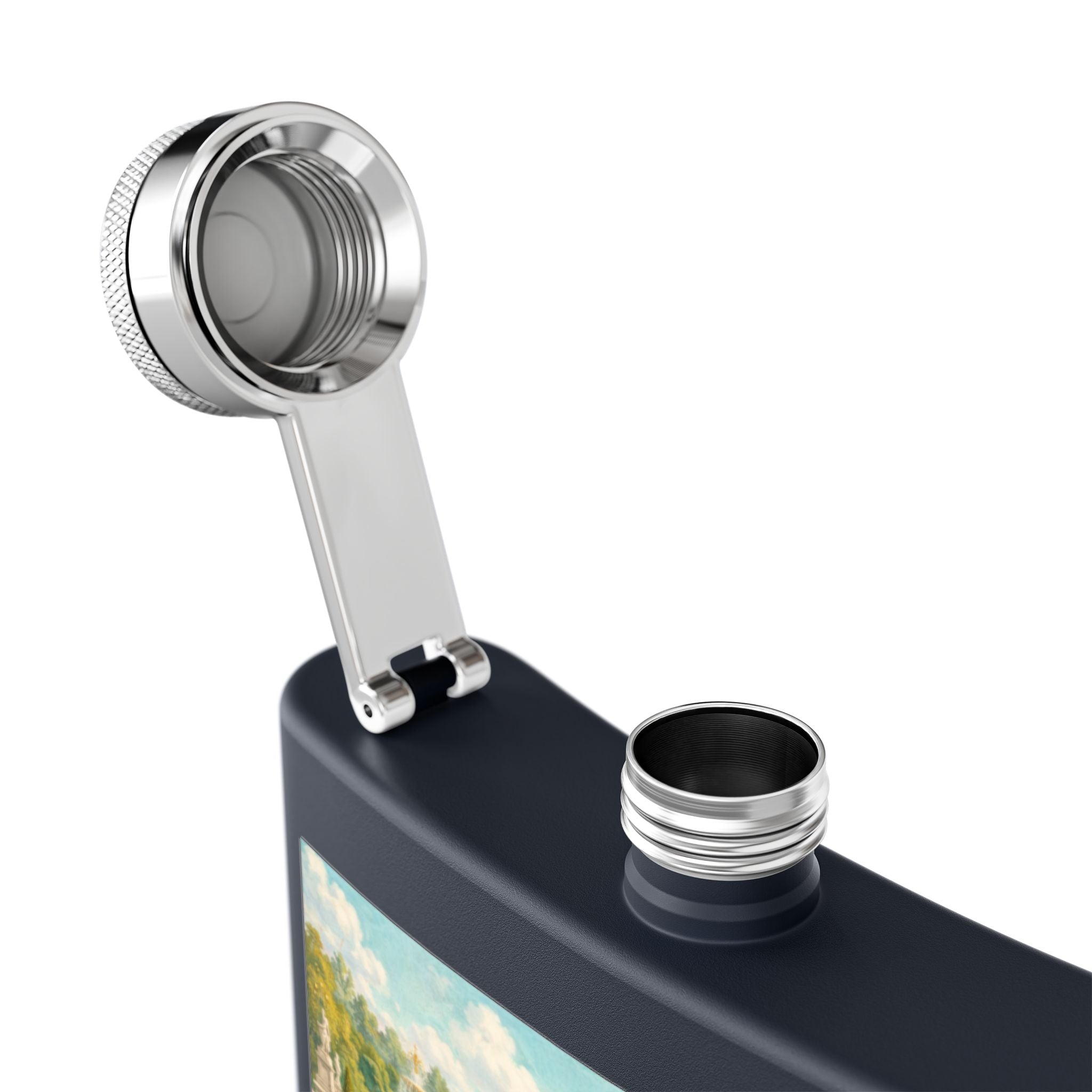 Open lid of navy flask with a cat tea party scene at Versailles