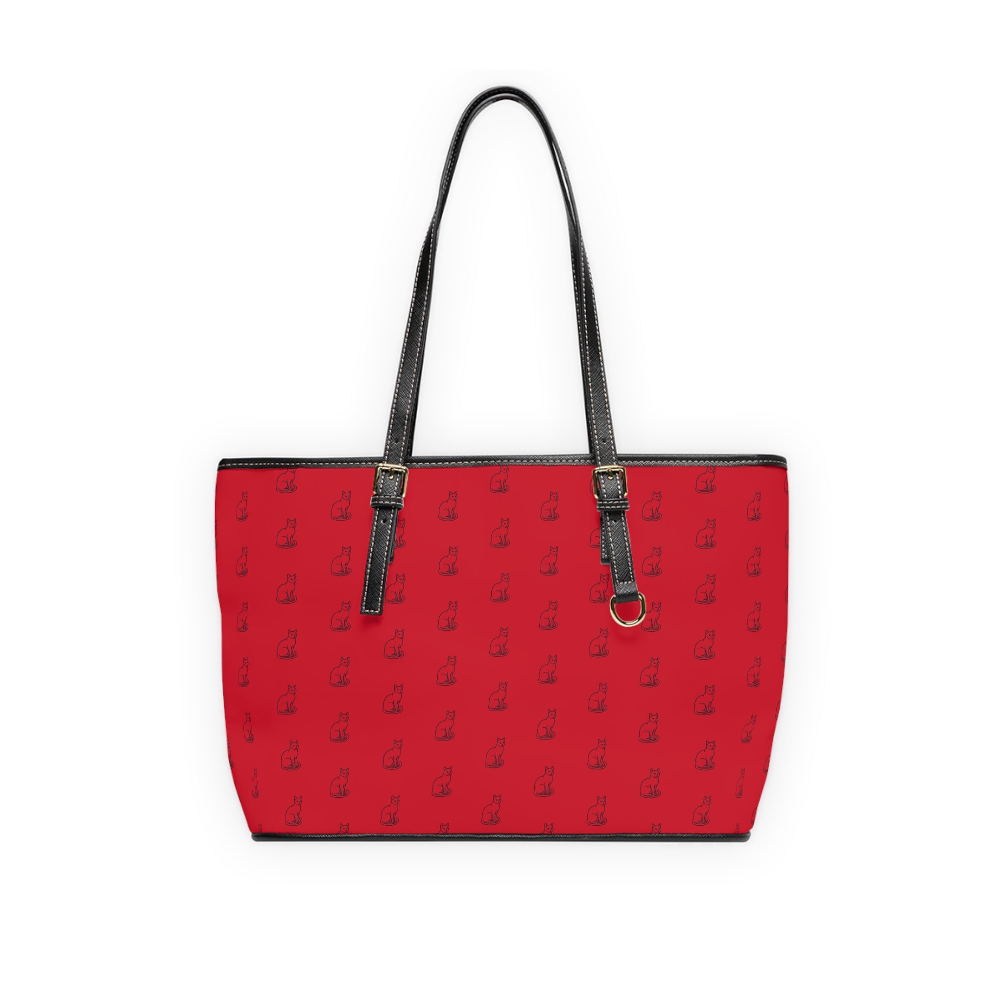 Cat Silhouette Pattern PU Leather Shoulder Bag | Red Tote, Repeating Cat Design