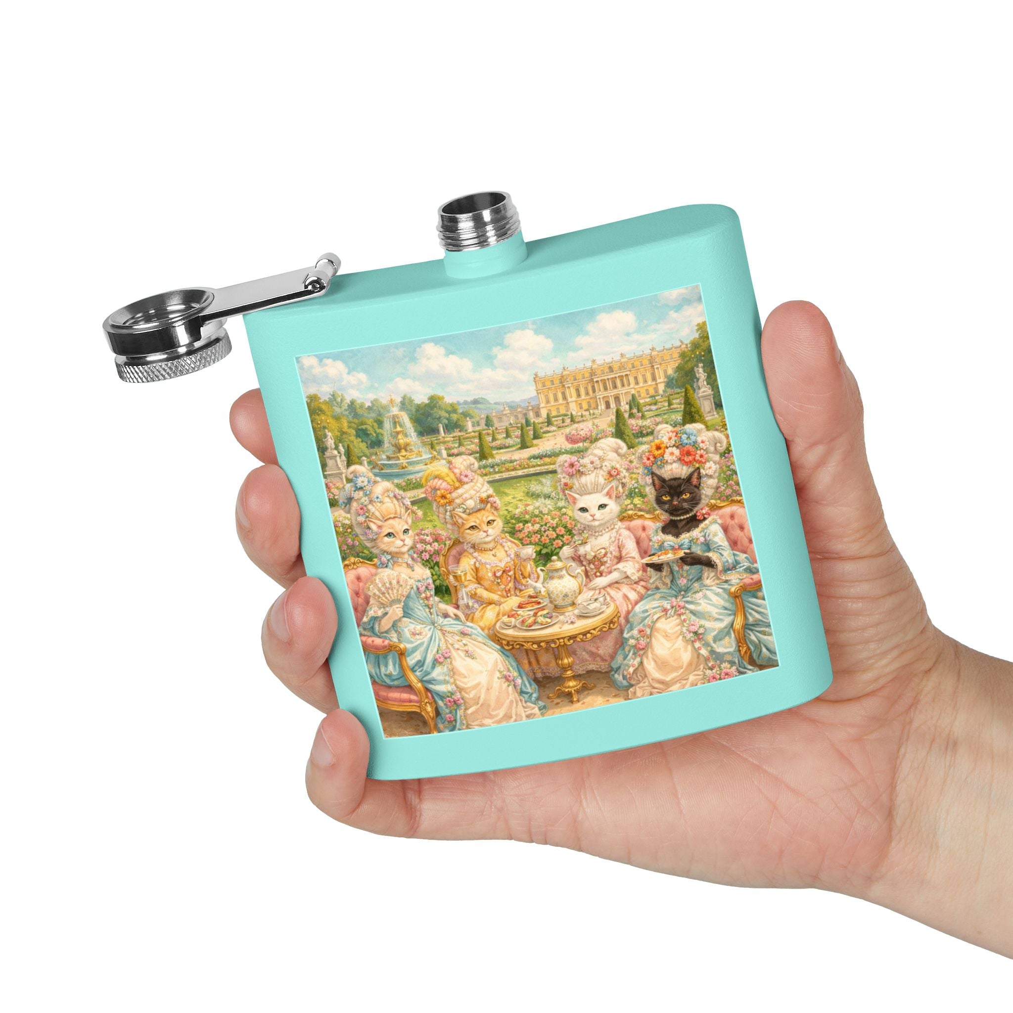 Aqua/mint green flask with a cat tea party scene at Versailles