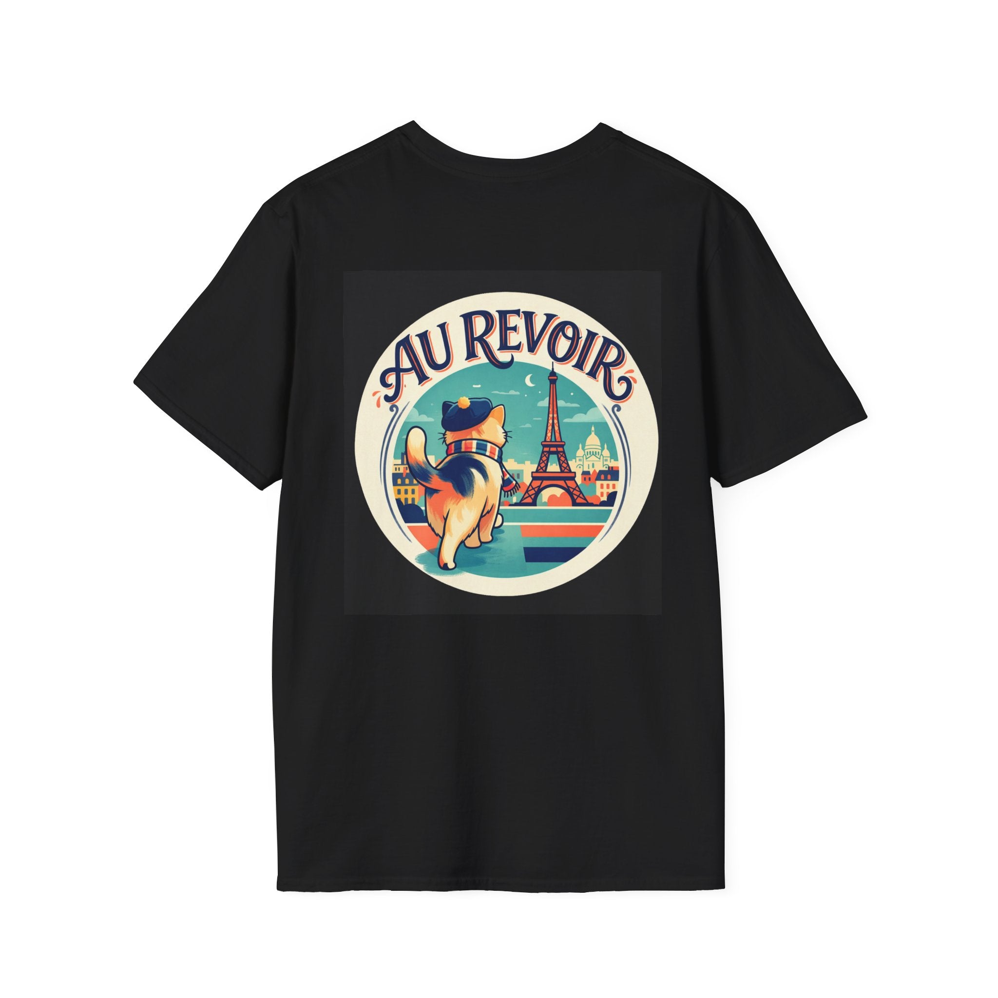 Back of Bonjour Au Revoir Cat Paris T-Shirt Black | Cute French Kitty T-Shirt