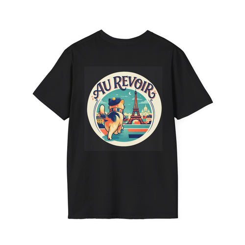 Back of Bonjour Au Revoir Cat Paris T-Shirt Black | Cute French Kitty T-Shirt