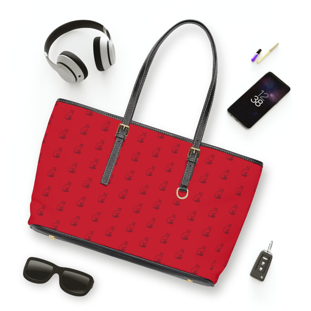 Cat Silhouette Pattern PU Leather Shoulder Bag | Red Tote, Repeating Cat Design