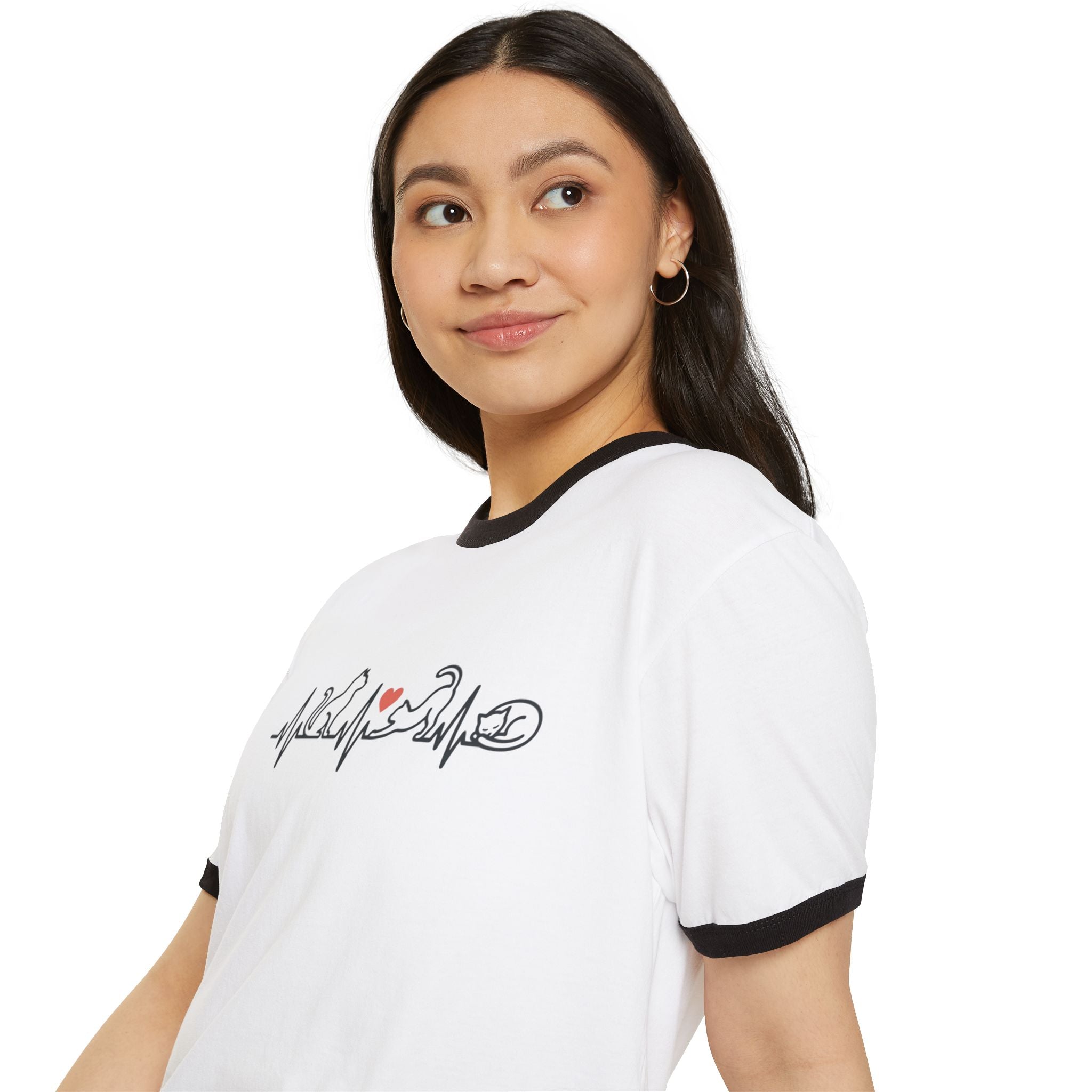 Cat Lover Ringer T-Shirt — Cat Heartbeat Print Design white