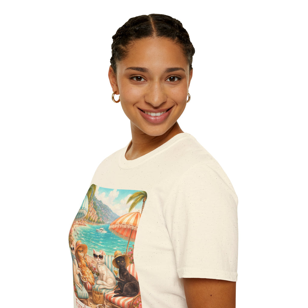 French Riviera Cats Beach Scene T-Shirt | Coastal Vibes Illustration