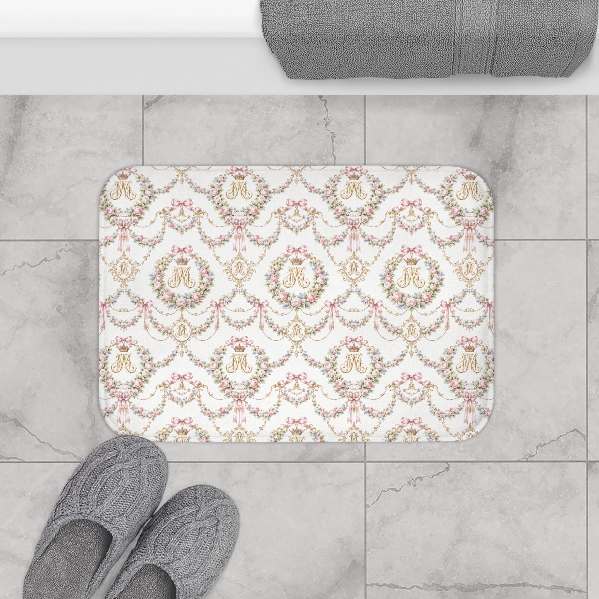 Marie Antoinette Monogram Floral Bath Mat — Monogrammed Rose Wreath Pattern, memory foam