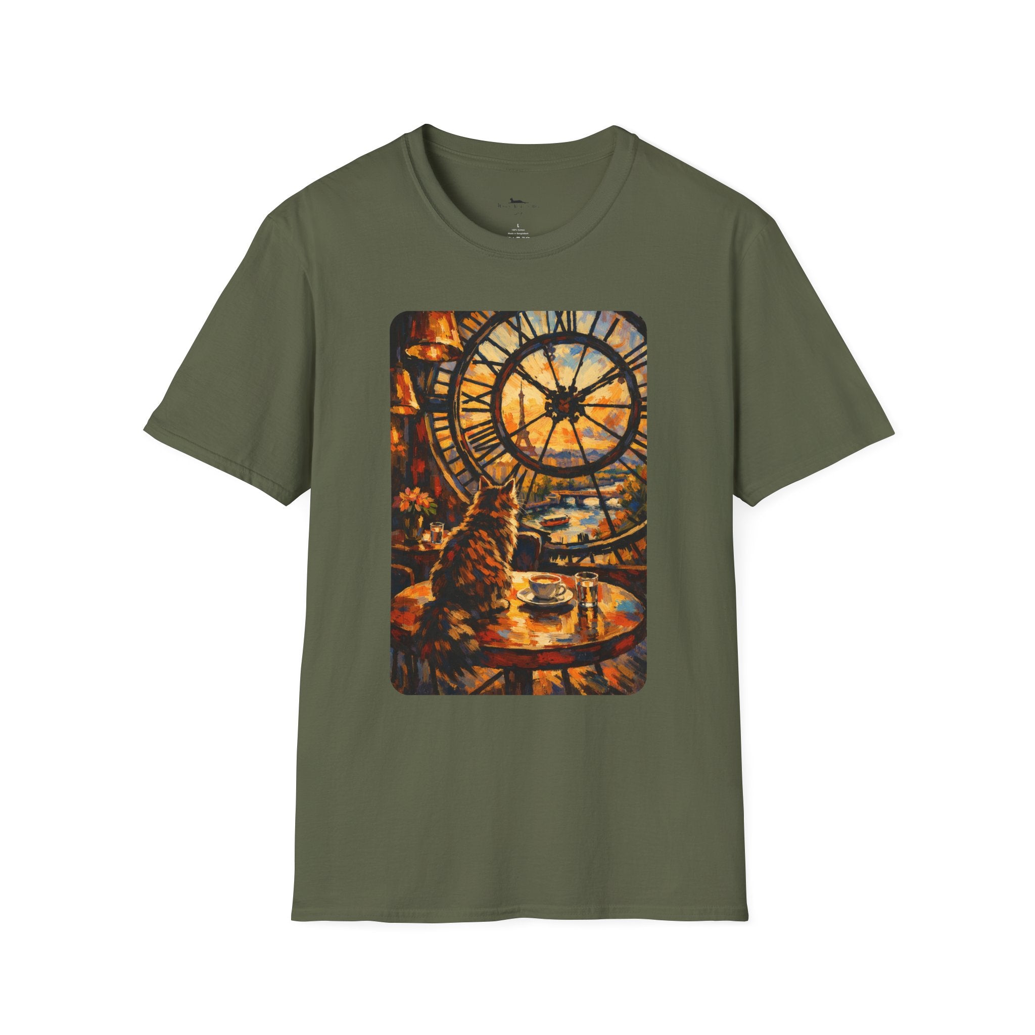 Paris D'Orsay Cafe Cat Illustration T-Shirt | Musée D'Orsay Scene Olive