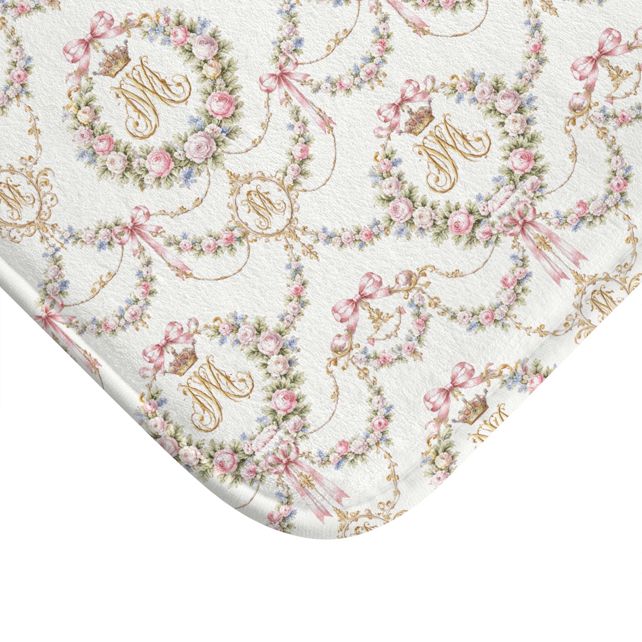 Marie Antoinette Monogram Floral Bath Mat — Monogrammed Rose Wreath Pattern, memory foam
