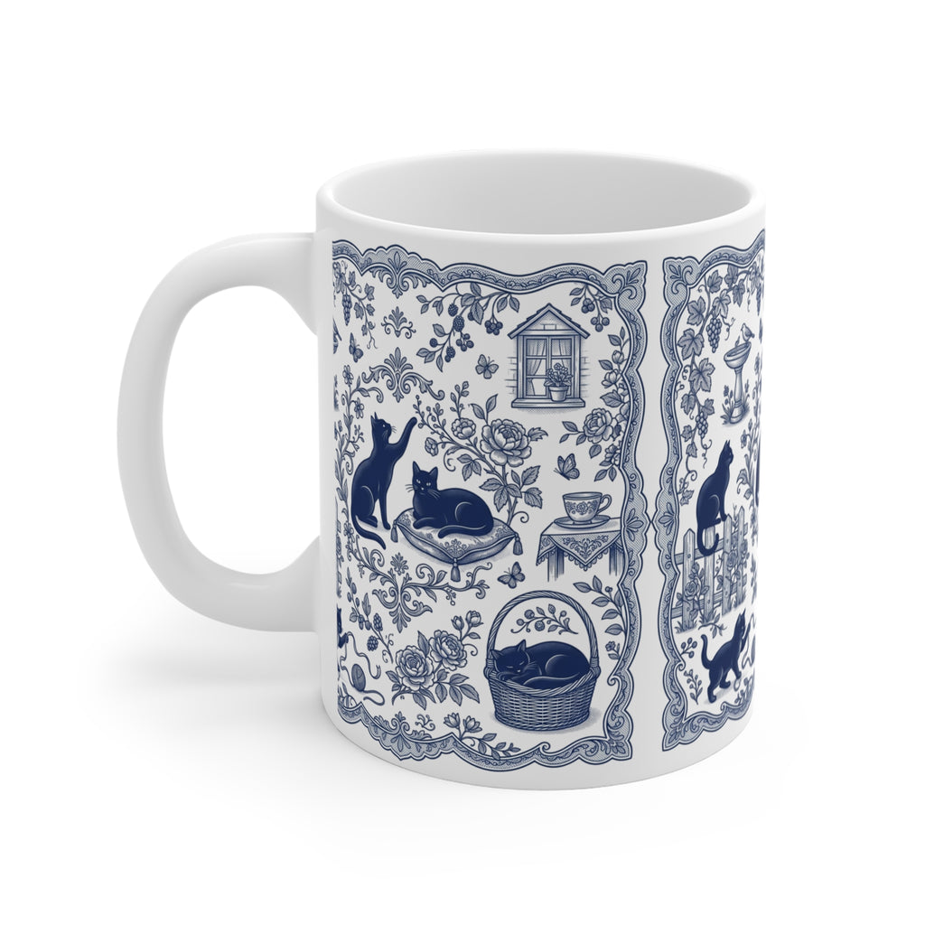 Blue Toile Cats Mug | Vintage Floral Cat Pattern, Porcelain Style