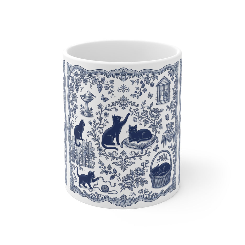 Blue Toile Cats Mug | Vintage Floral Cat Pattern, Porcelain Style