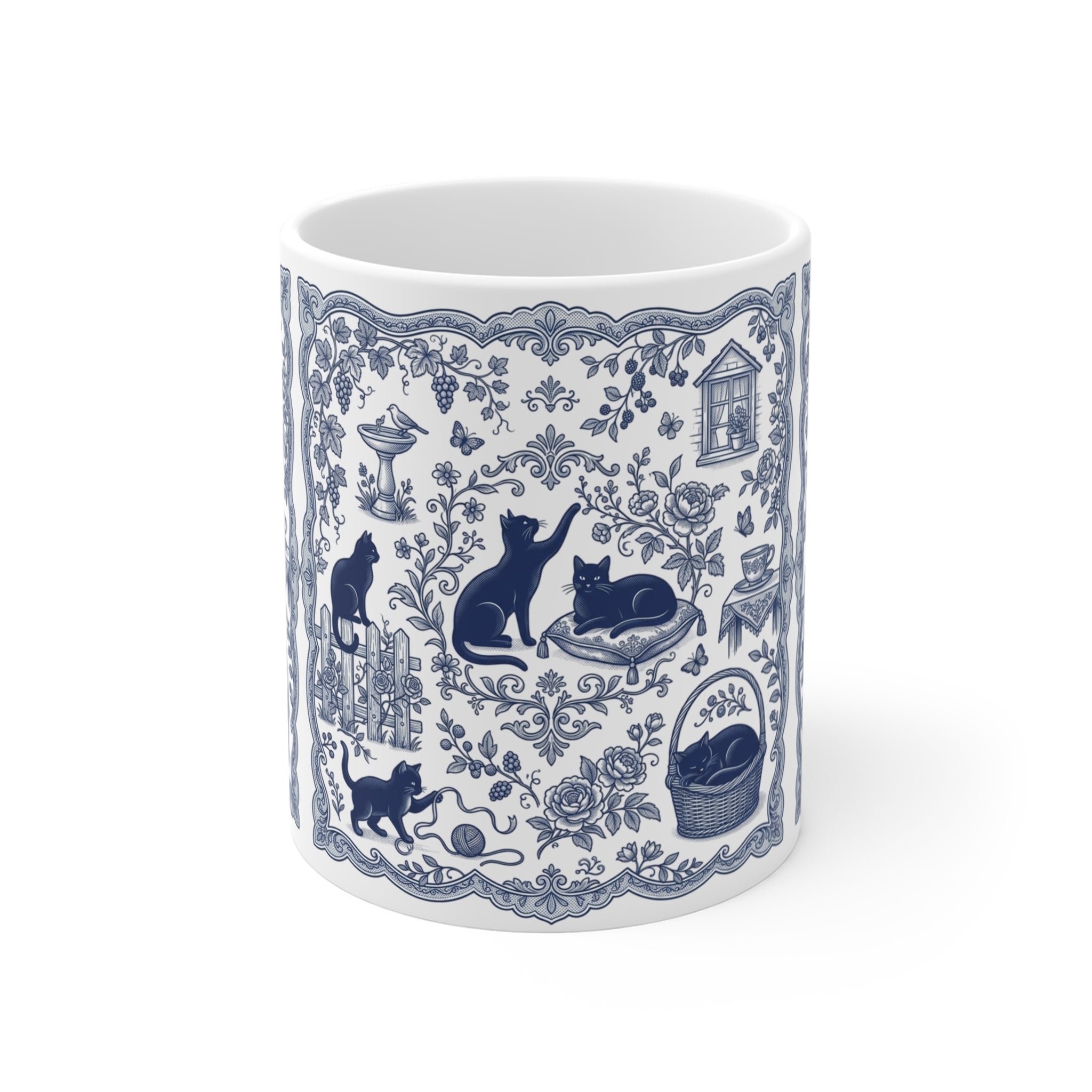 Blue Toile Cats Mug | Vintage Floral Cat Pattern, Porcelain Style