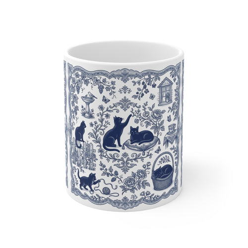Blue Toile Cats Mug | Vintage Floral Cat Pattern, Porcelain Style