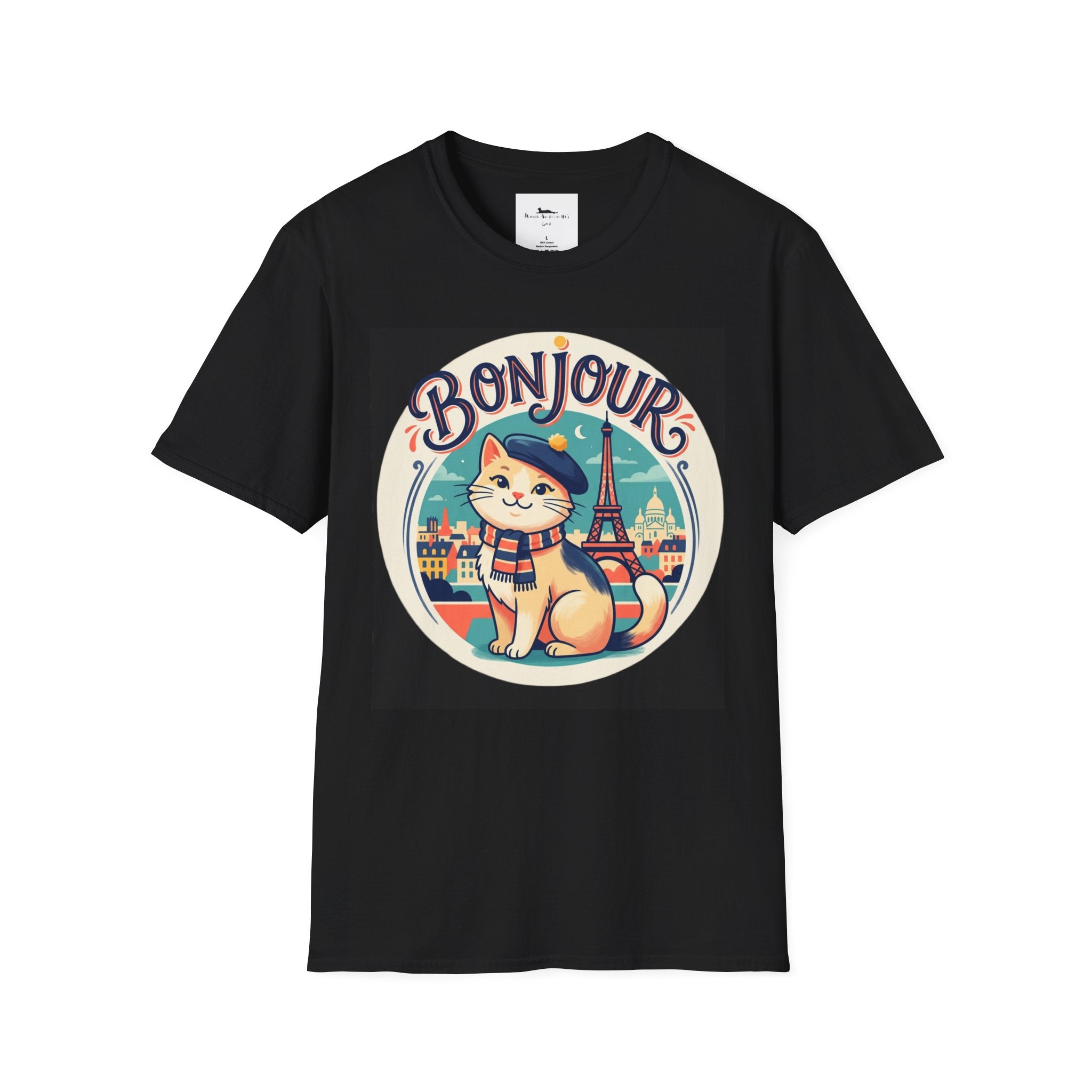 Bonjour Au Revoir Cat Paris T-Shirt Black | Cute French Kitty T-Shirt