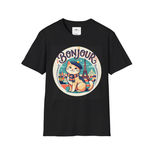 Bonjour Au Revoir Cat Paris T-Shirt Black | Cute French Kitty T-Shirt