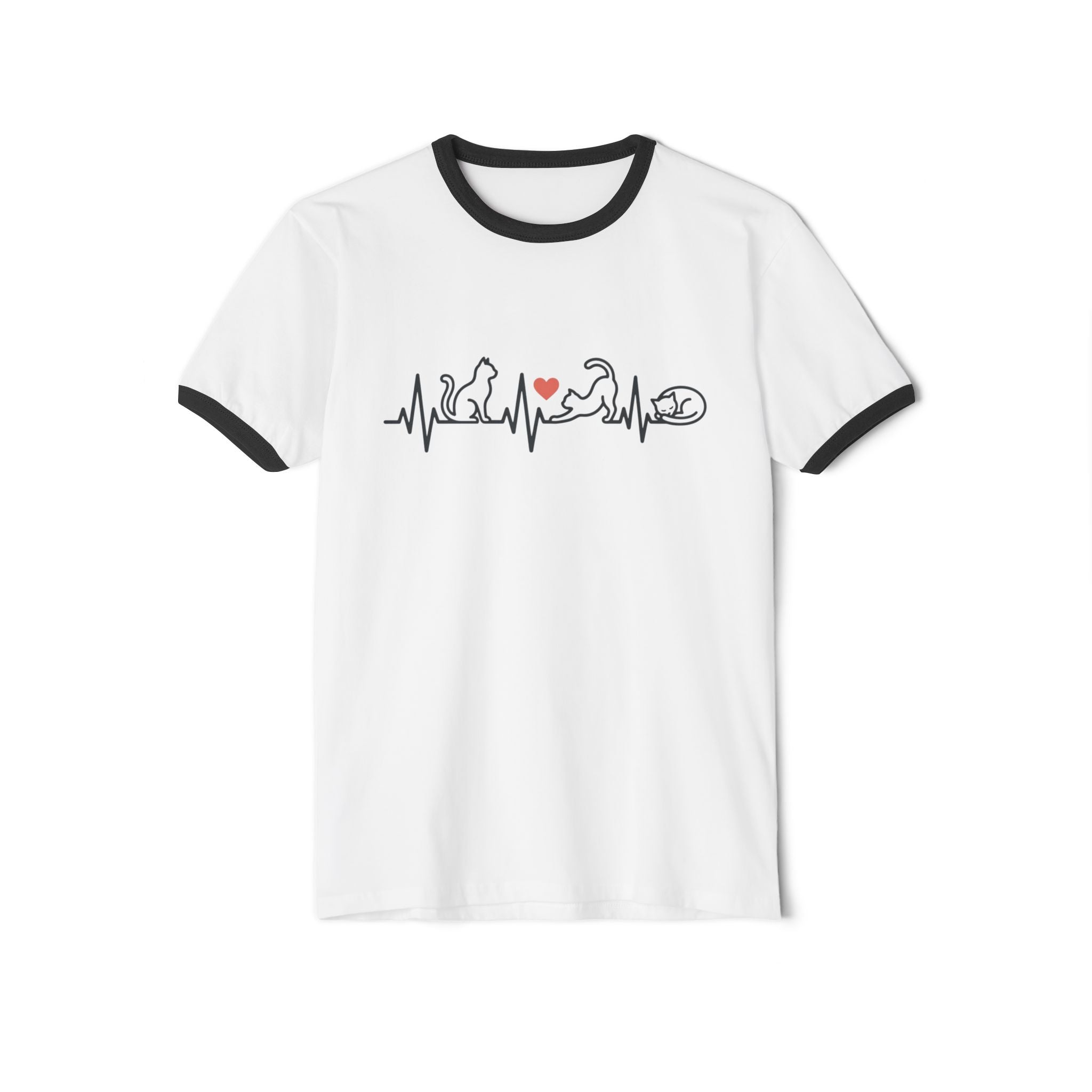 Cat Lover Ringer T-Shirt — Cat Heartbeat Print Design