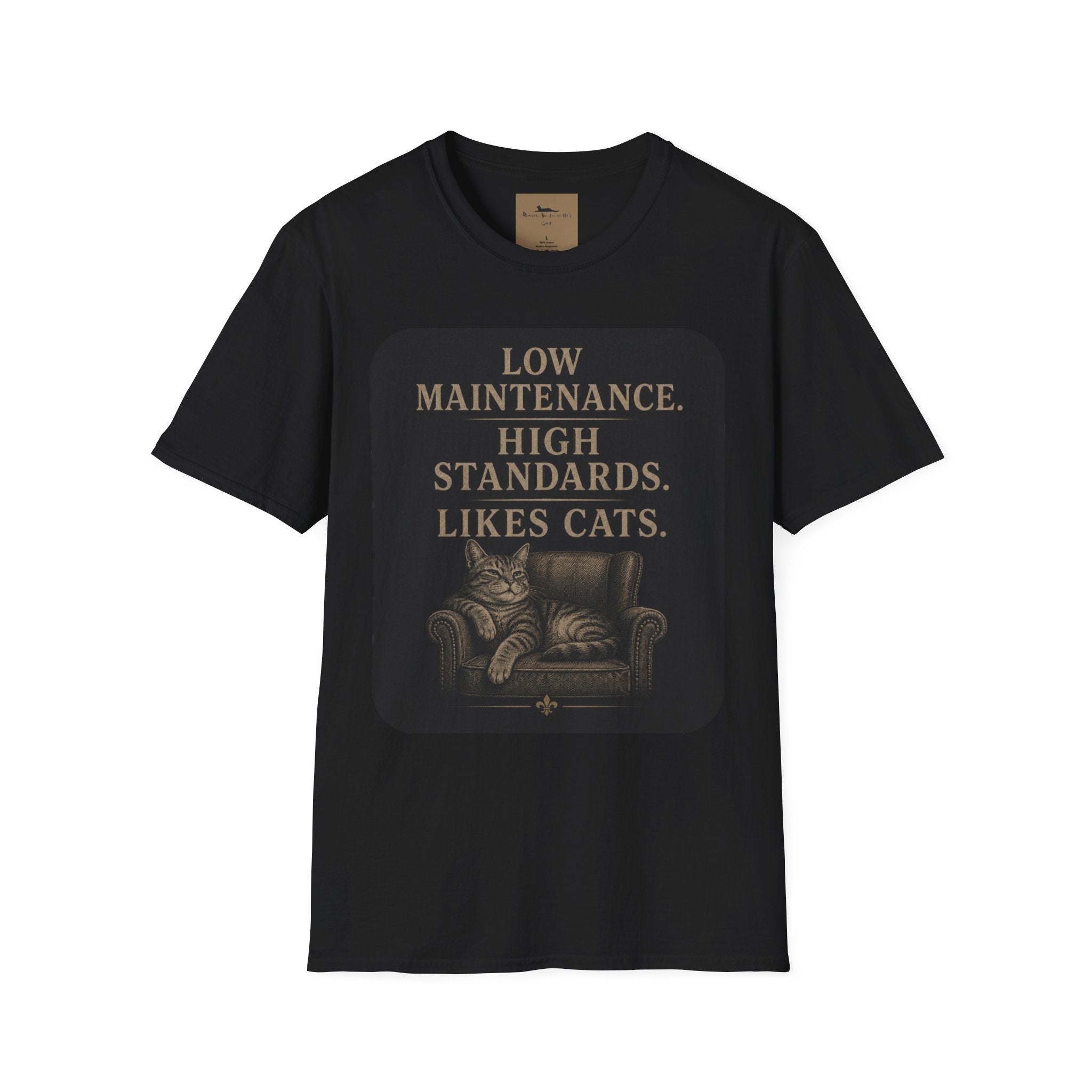 Cat Lover T‑Shirt — "Low Maintenance. High Standards. Likes Cats." Design