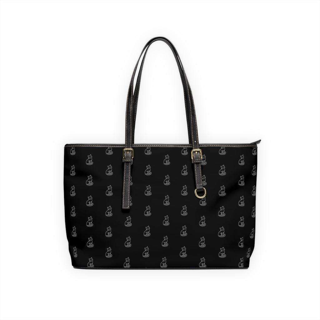 Cat Silhouette Pattern PU Leather Shoulder Bag | Black Tote, Repeating Cat Design