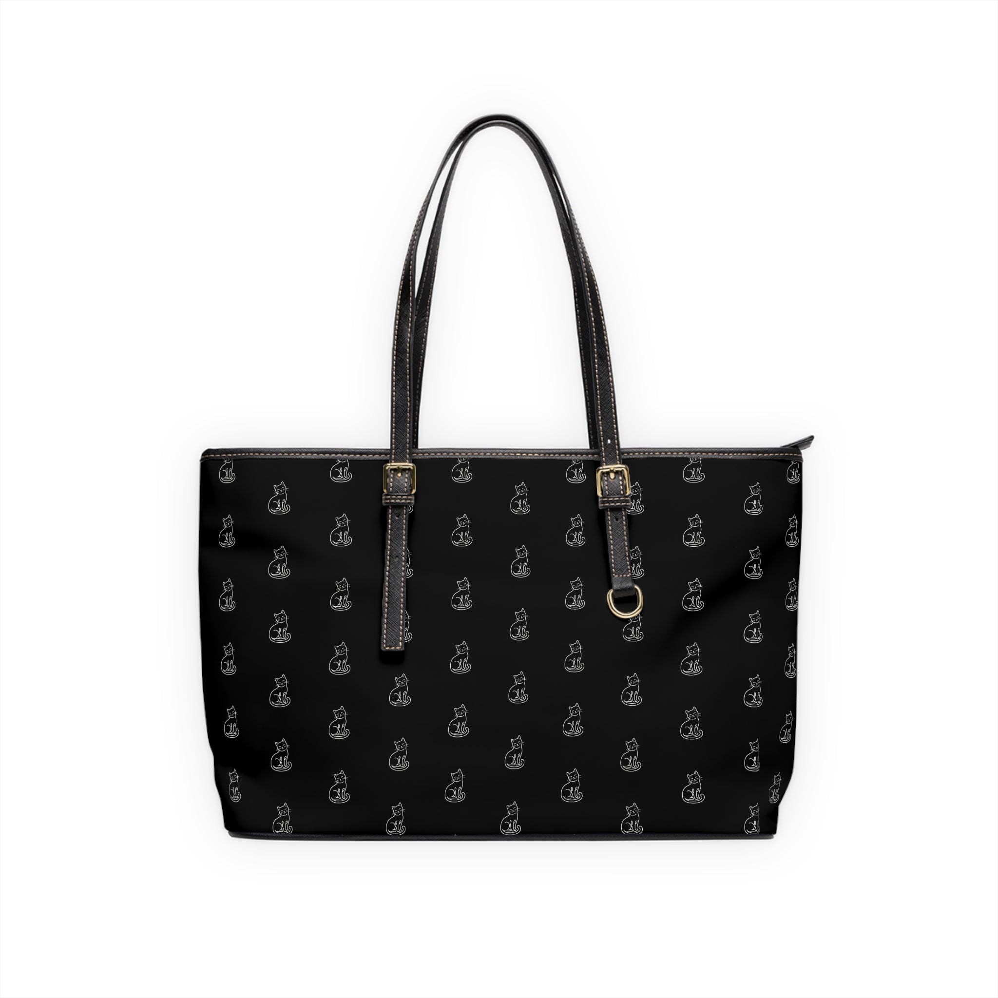 Cat Silhouette Pattern PU Leather Shoulder Bag | Black Tote, Repeating Cat Design