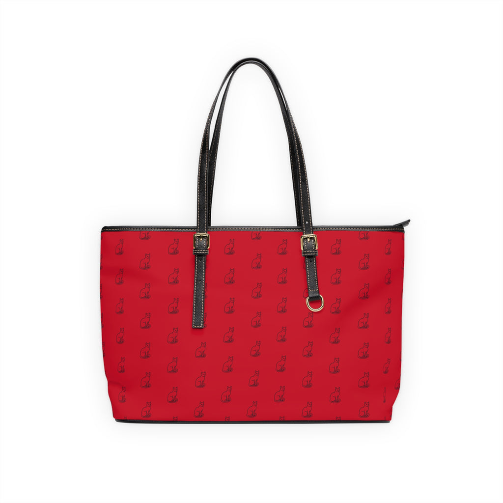 Cat Silhouette Pattern PU Leather Shoulder Bag | Red Tote, Repeating Cat Design