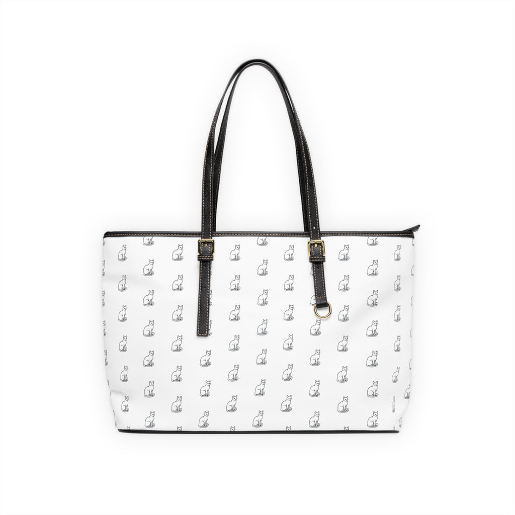 Cat Silhouette Pattern PU Leather Shoulder Bag | White Tote, Repeating Cat Design