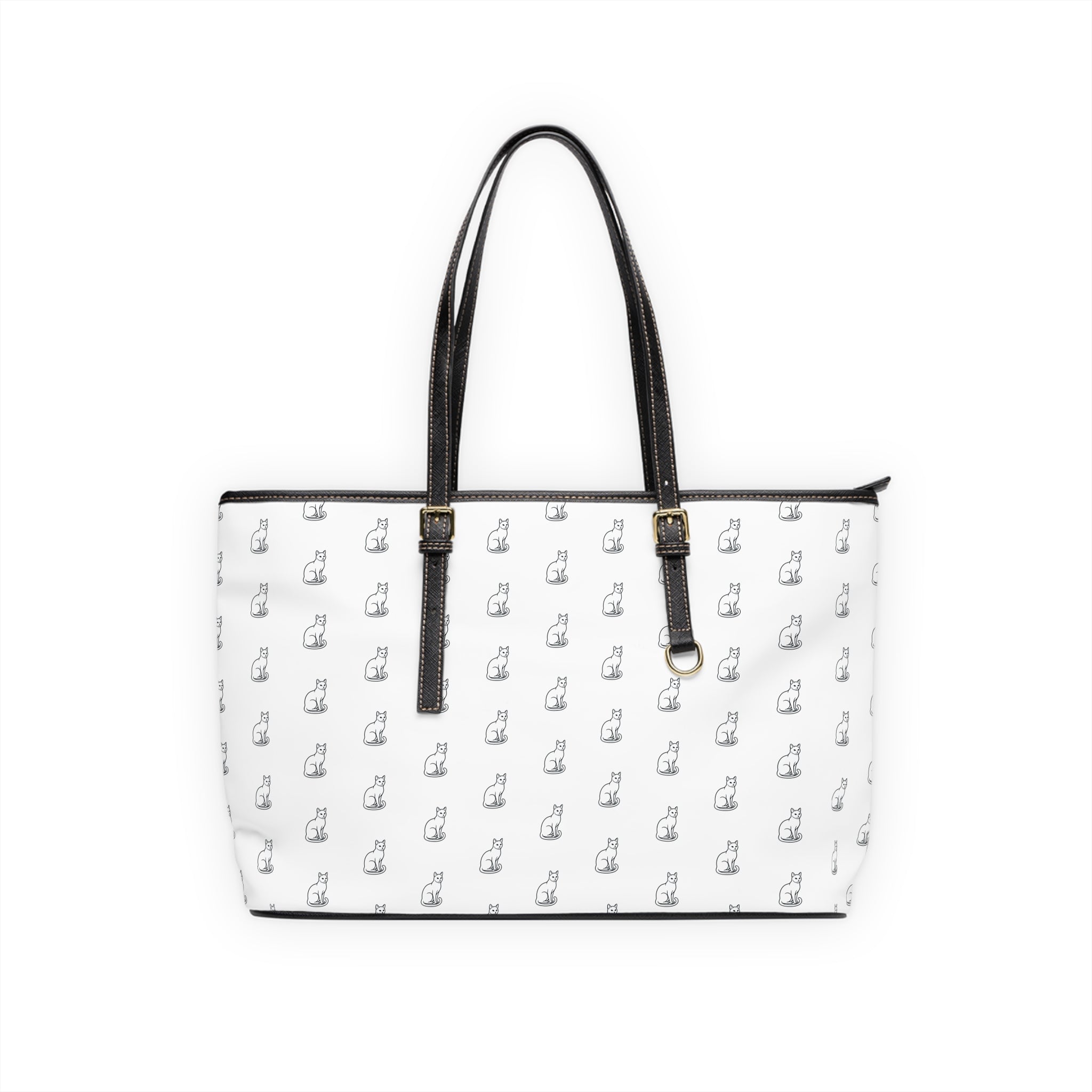 Cat Silhouette Pattern PU Leather Shoulder Bag | White Tote, Repeating Cat Design