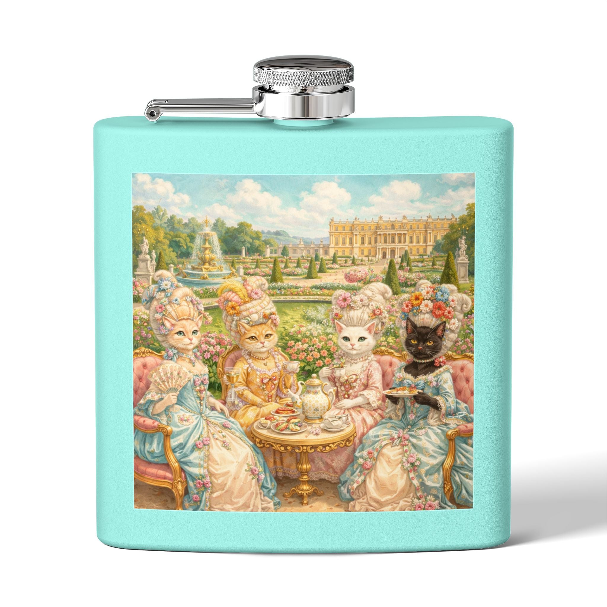 Aqua flask with a cat tea party in gardens of Versailles