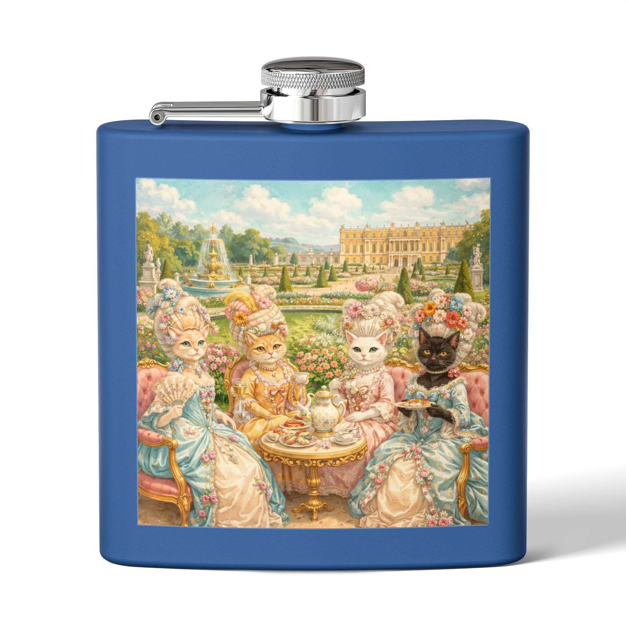 Blue flask with cat tea party scene in gardens of Versailles
