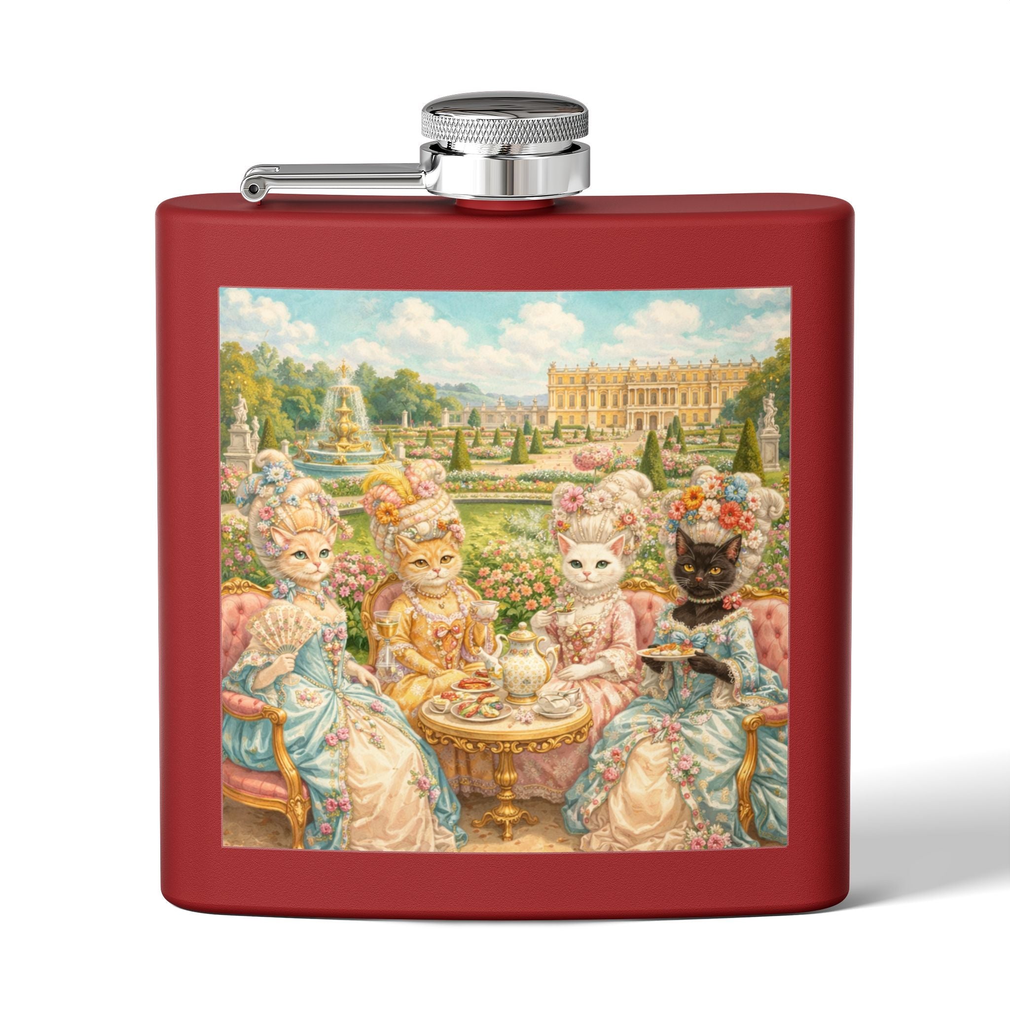 Dark Red flask with a cat tea party scene in gardens of Versailles