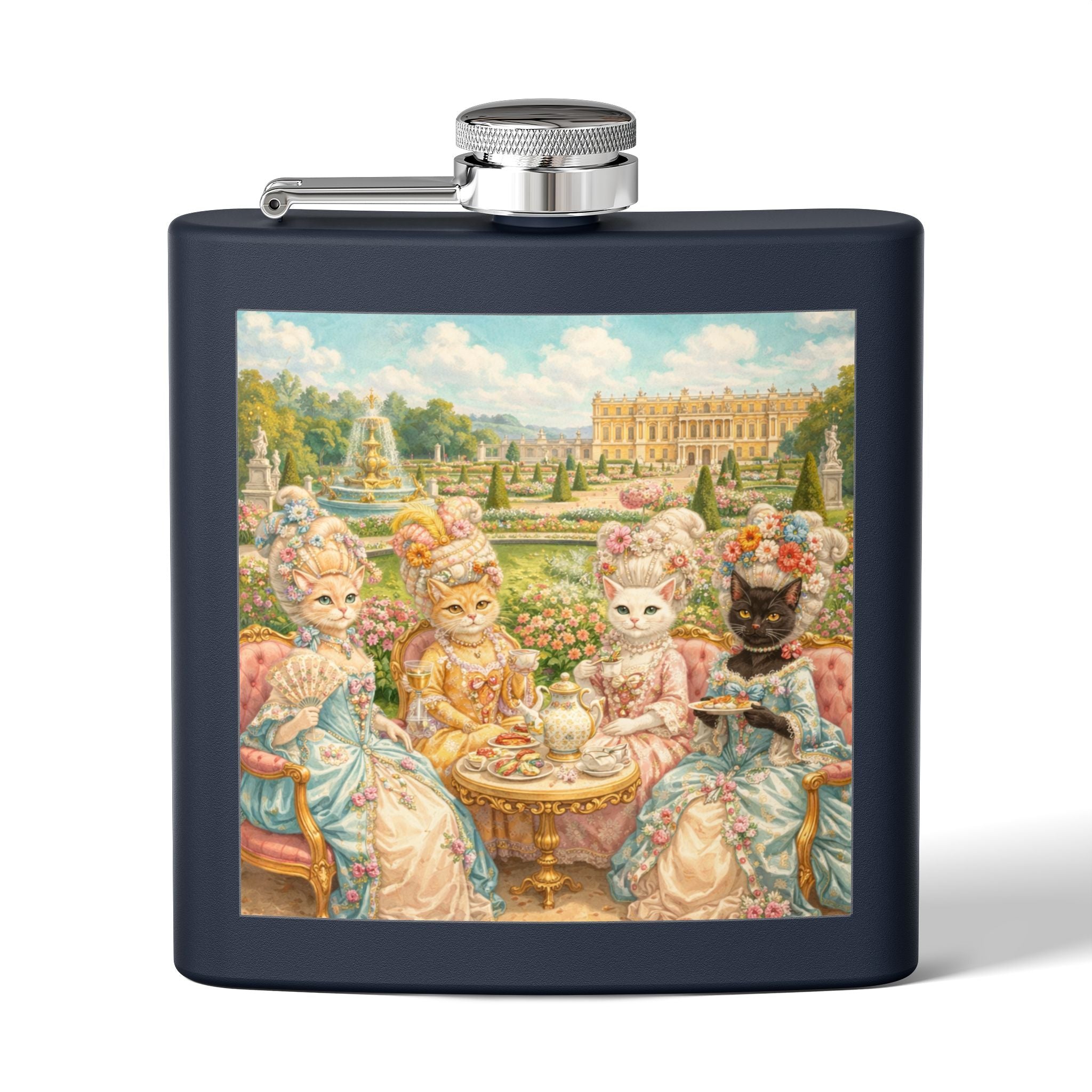 Navy flask with a cat tea party in gardens of Versailles