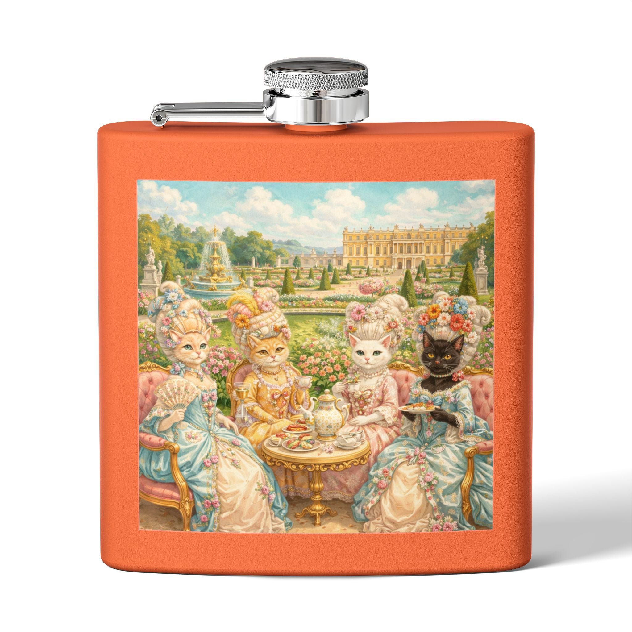Orange flask with a cat tea party scene in gardens of Versailles