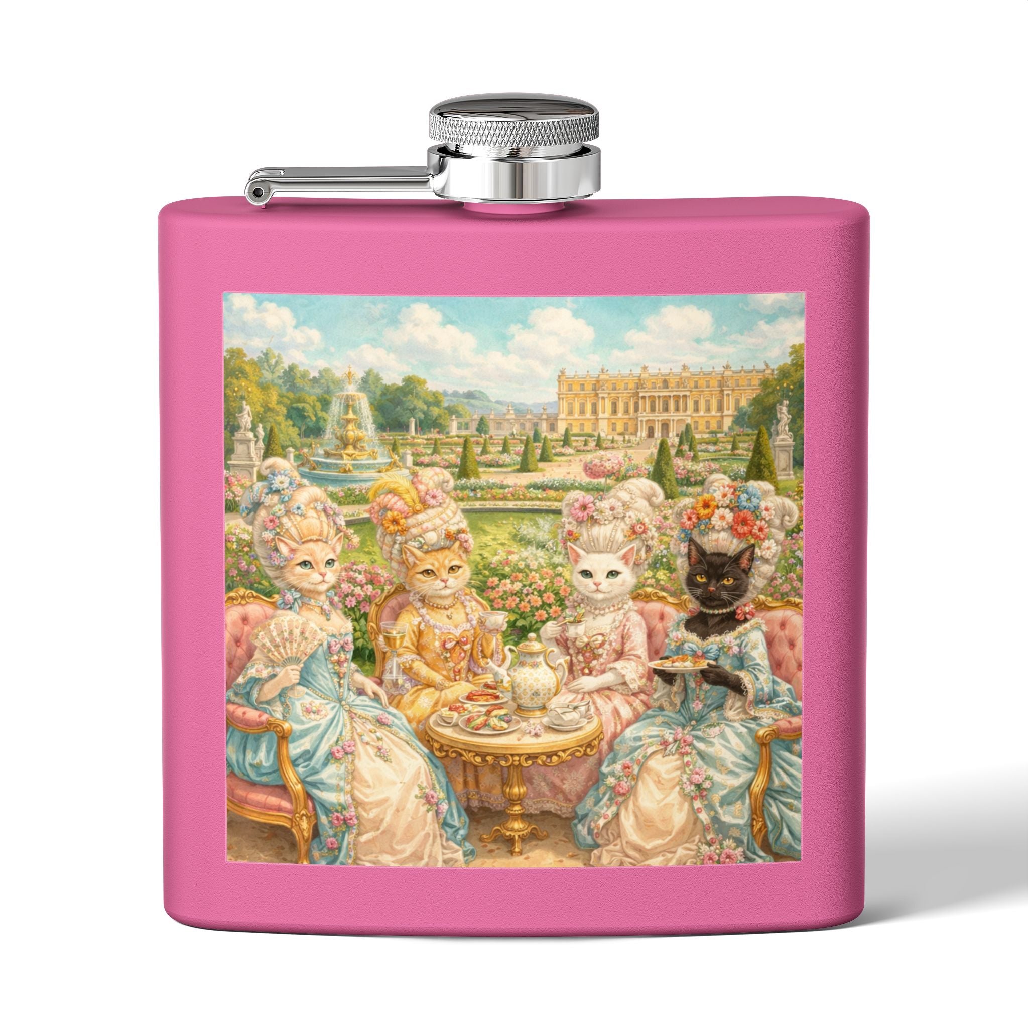 Pink flask with a cat tea party scene in Versailles gardens