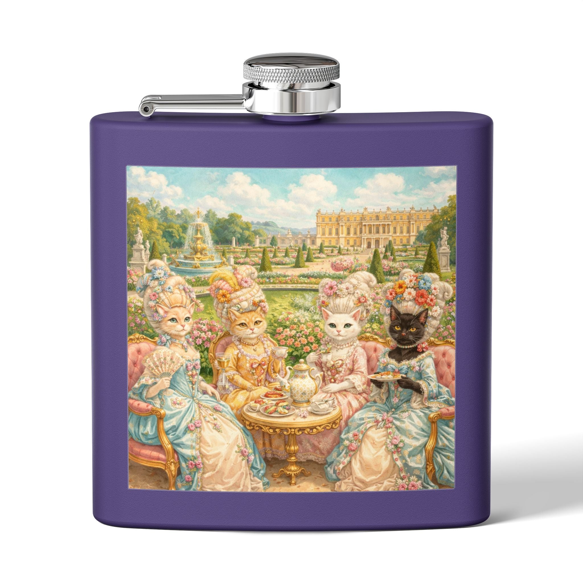 Purple flask with a cat tea party in gardens of Versailles