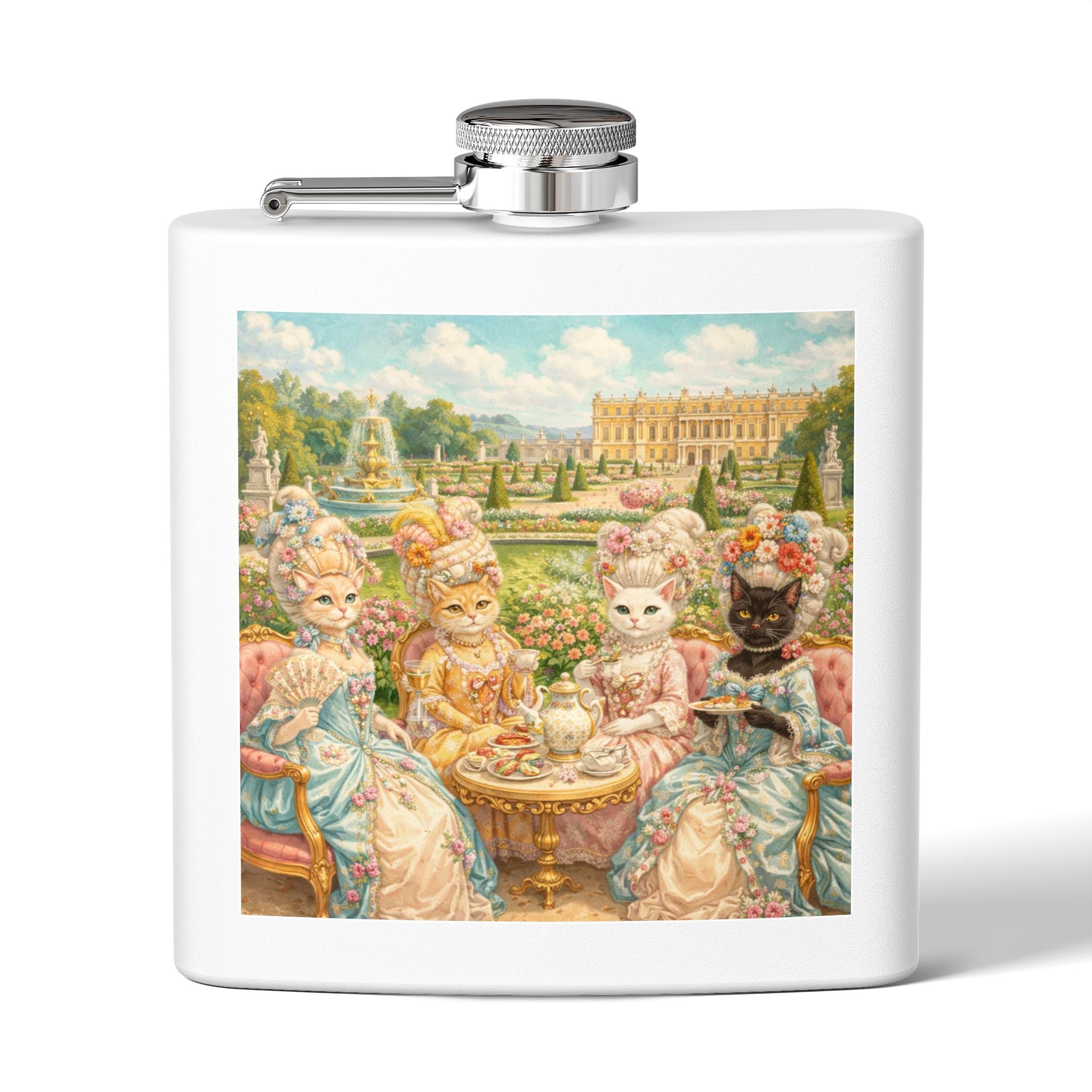 White flask with a cat tea party scene at Versailles