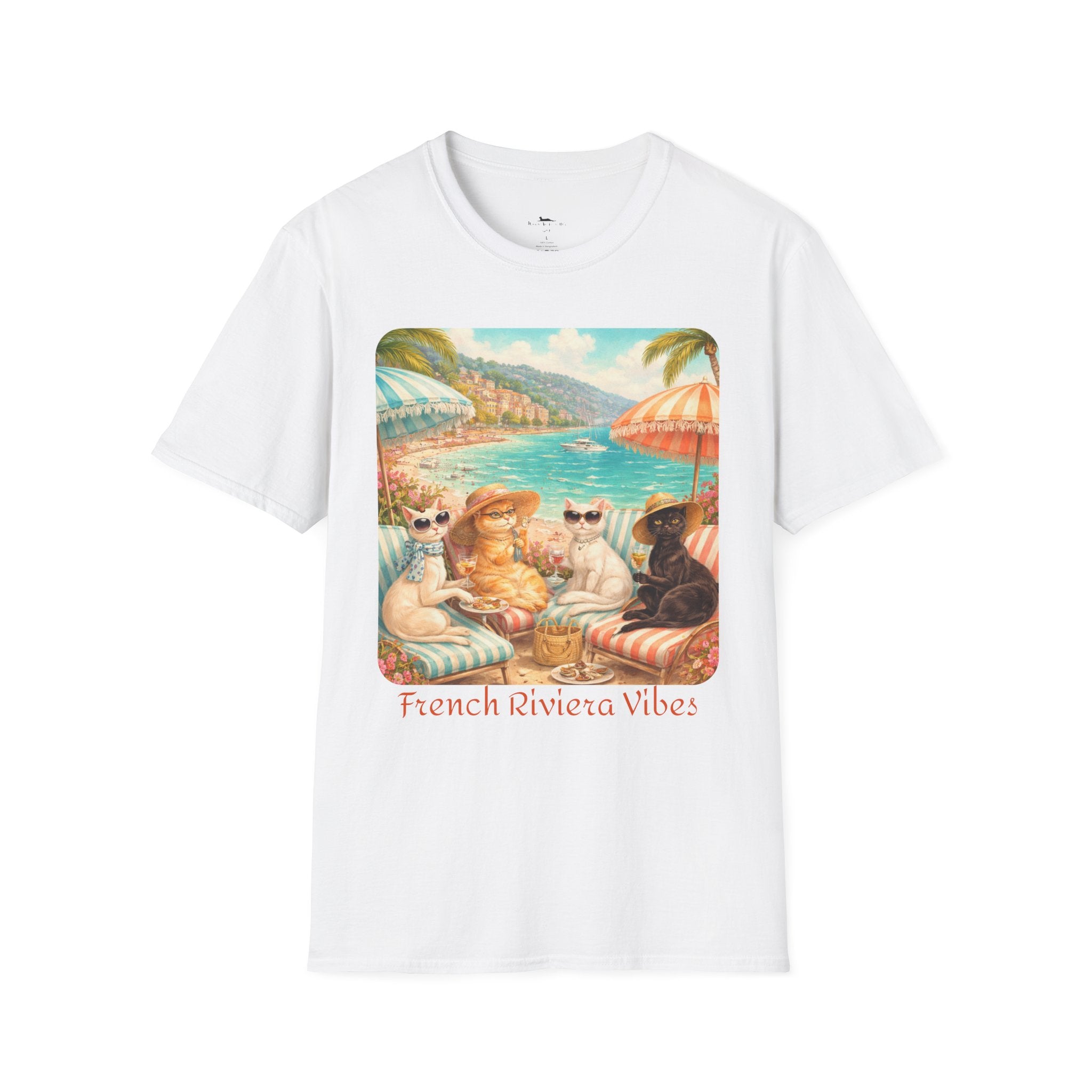 French Riviera Cats Beach Scene T-Shirt | Coastal Vibes Illustration White