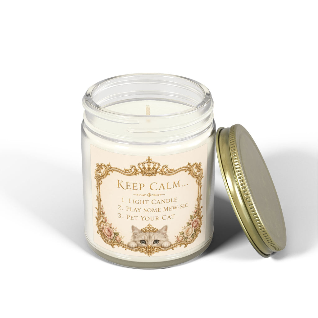  Keep Calm Cat Candle — Coconut Apricot Wax Scented Jar (9oz) Eco-friendly, non-toxic coconut apricot wax with cotton wick; no lead, plastics, parabens, synthetic dyes, or phthalates.