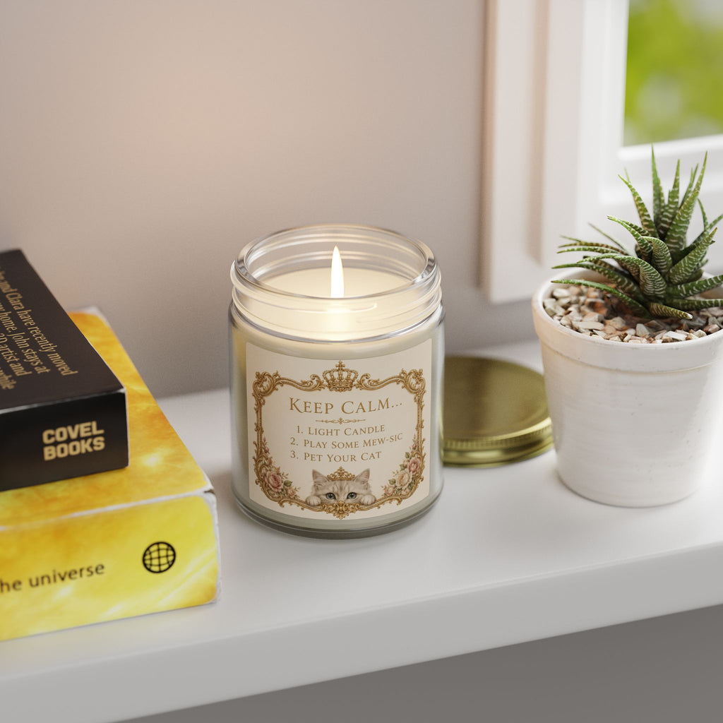 Keep Calm Cat Candle — Coconut Apricot Wax Scented Jar (9oz) Eco-friendly, non-toxic coconut apricot wax with cotton wick; no lead, plastics, parabens, synthetic dyes, or phthalates