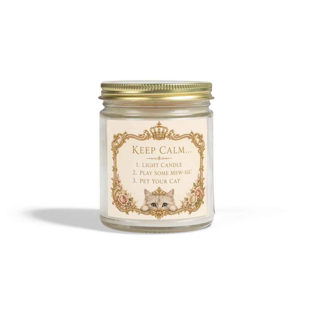 Keep Calm Cat Candle — Coconut Apricot Wax Scented Jar (9oz) Eco-friendly, non-toxic coconut apricot wax with cotton wick; no lead, plastics, parabens, synthetic dyes, or phthalates.