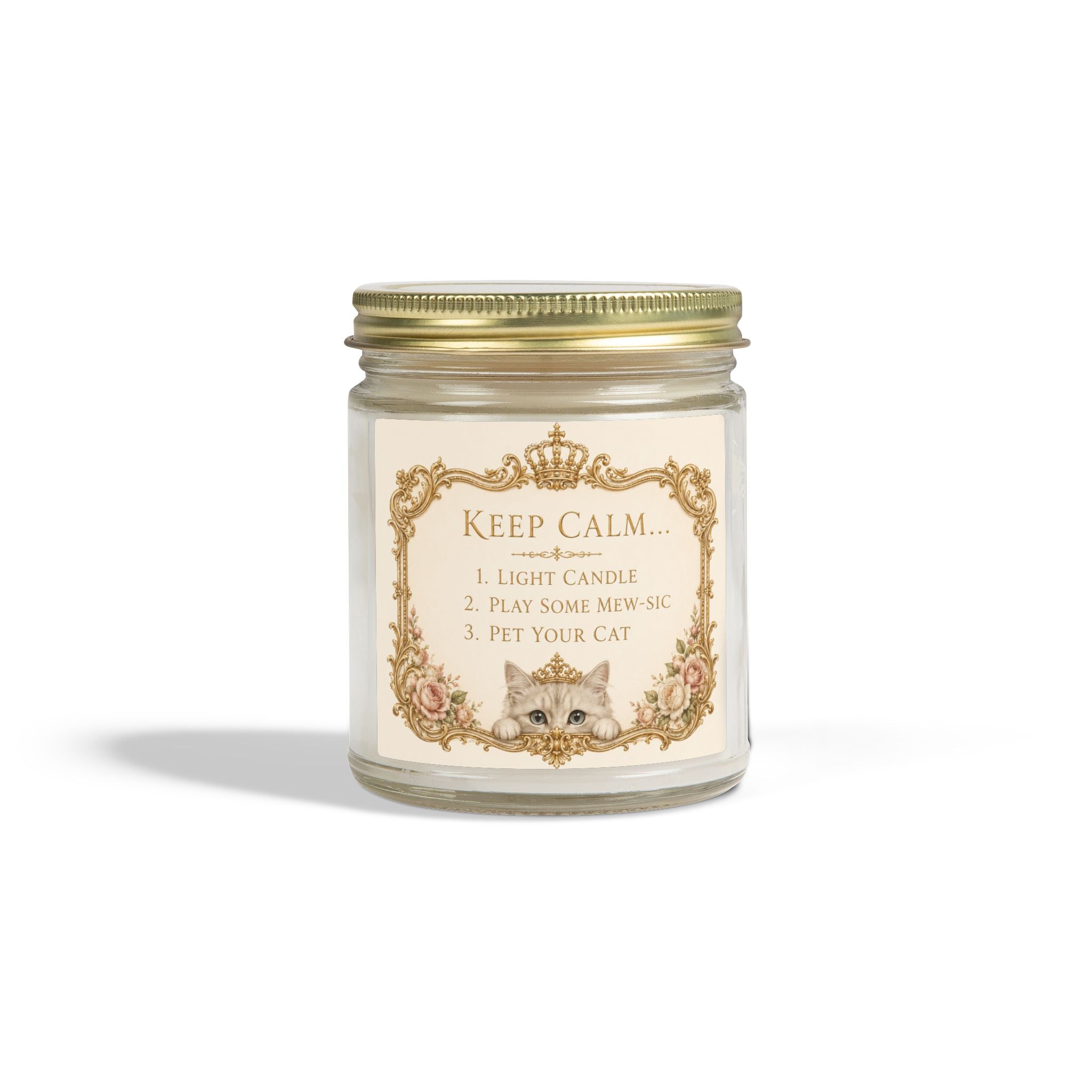 Keep Calm Cat Candle — Coconut Apricot Wax Scented Jar (9oz) Eco-friendly, non-toxic coconut apricot wax with cotton wick; no lead, plastics, parabens, synthetic dyes, or phthalates.