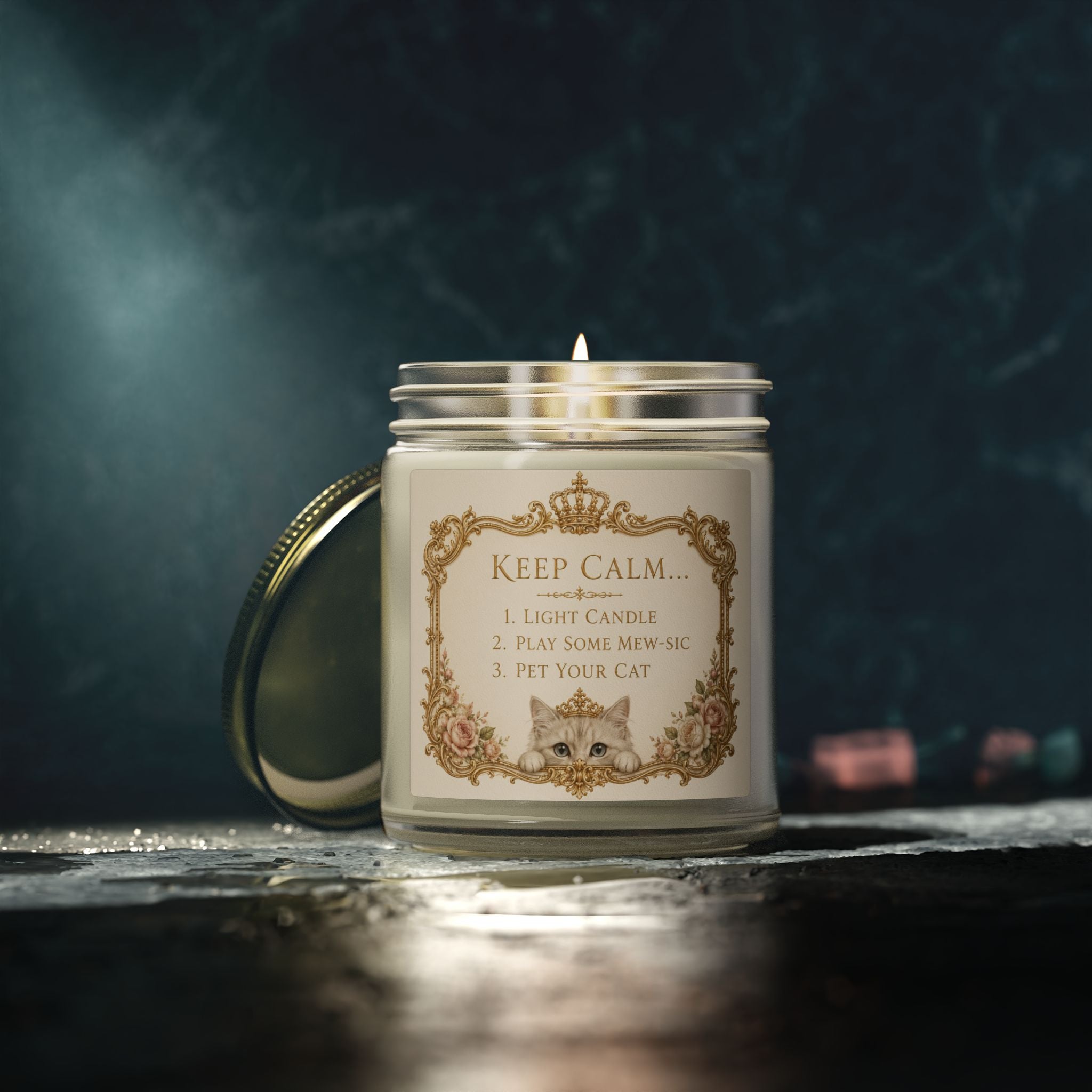 Keep Calm Cat Candle — Coconut Apricot Wax Scented Jar (9oz) Eco-friendly, non-toxic coconut apricot wax with cotton wick; no lead, plastics, parabens, synthetic dyes, or phthalates.