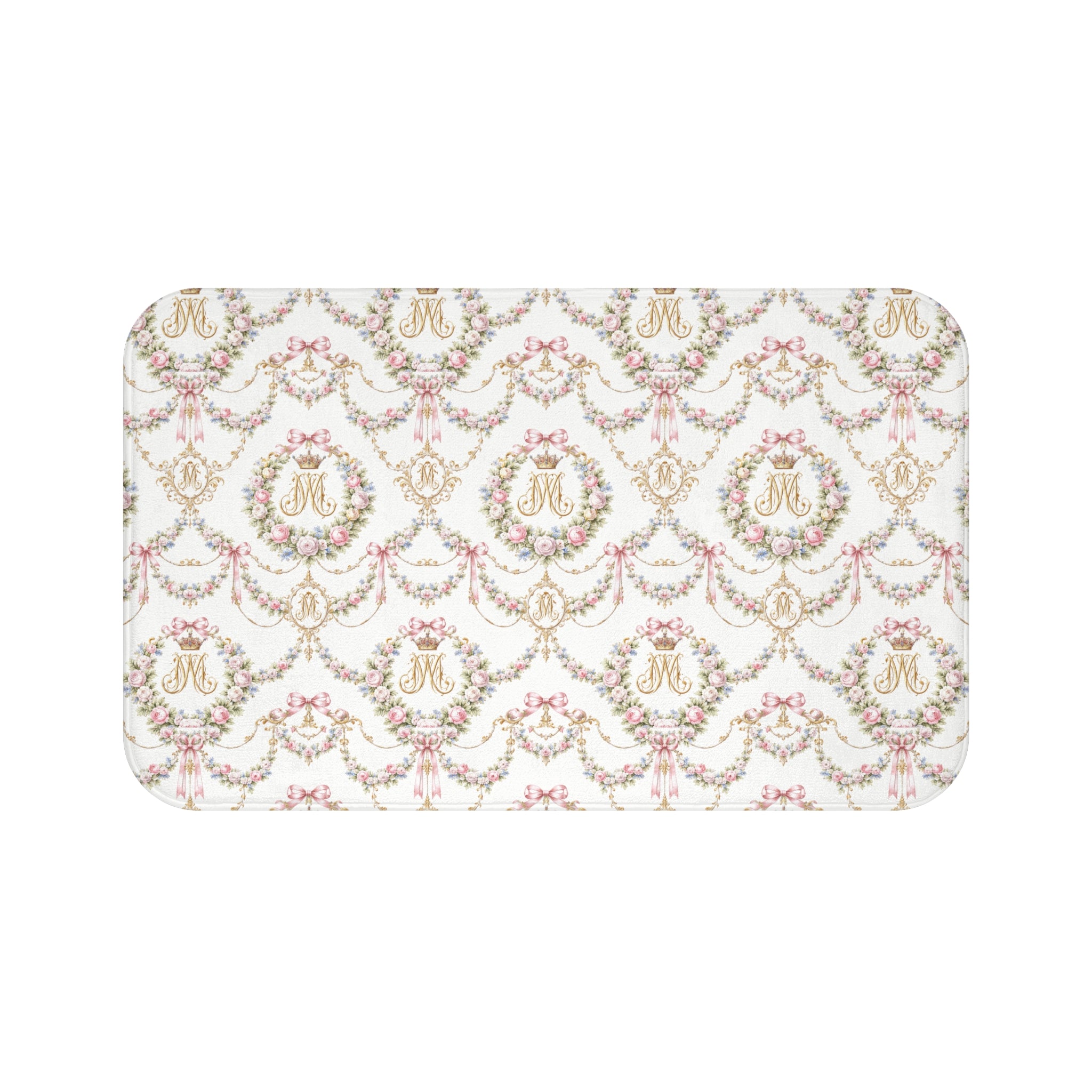 Marie Antoinette Monogram Floral Bath Mat — Monogrammed Rose Wreath Pattern, memory foam