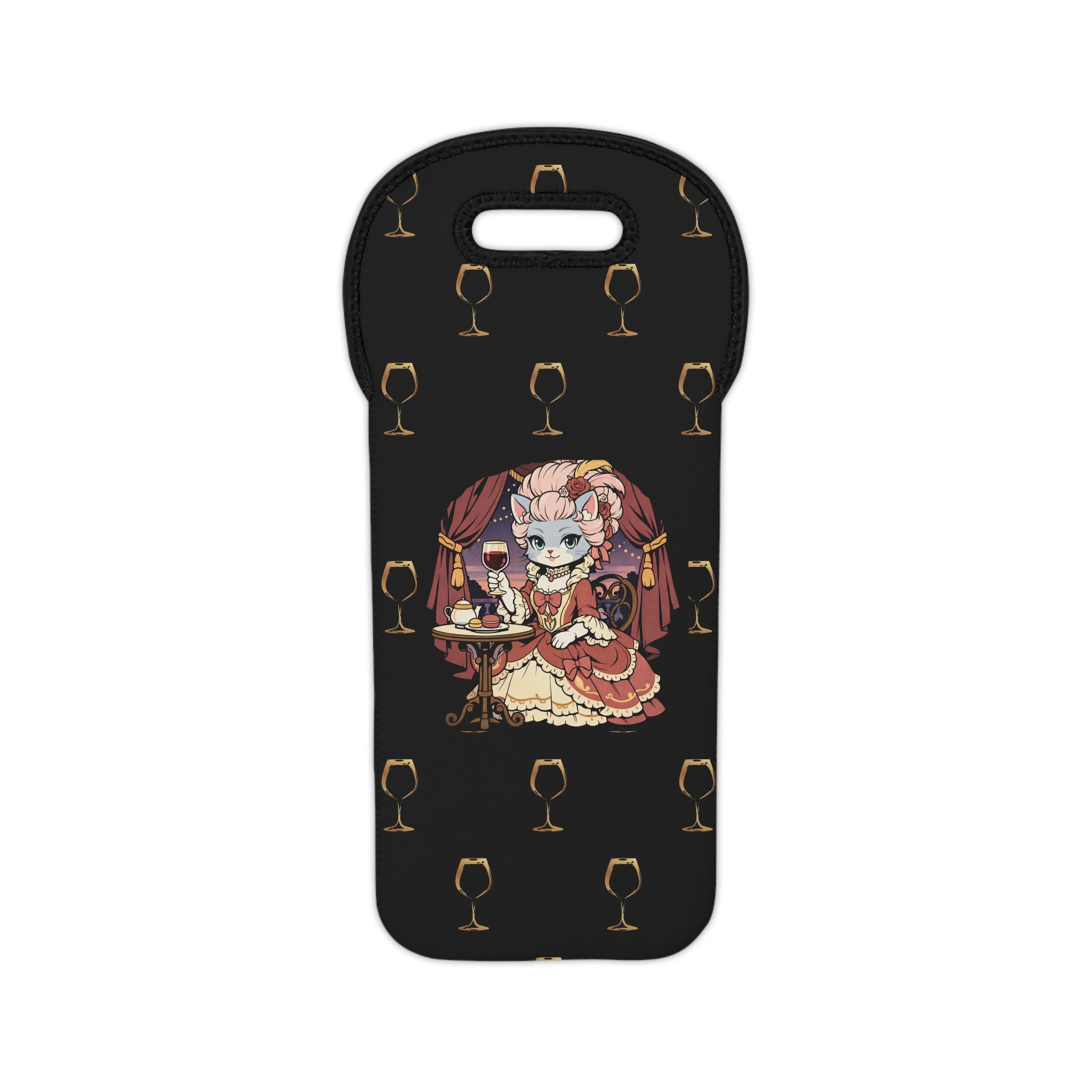 Marie Catoinette Wine Tote | Cat in Rococo Dress, Wine Glass Pattern
