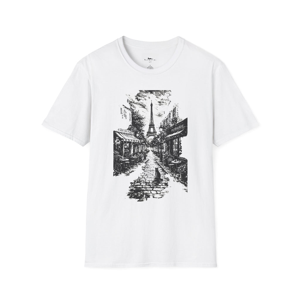 White t-shirt with black graphic design of a street scene and Eiffel Tower on a white background